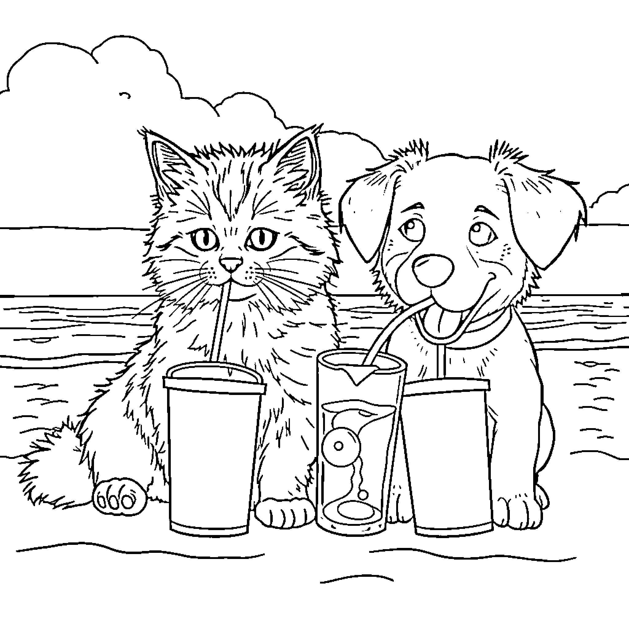 Cat and Dog Enjoying Drinks by the Beach Coloring Page (free black-and-white line drawing printable PDF for all, from beginners to advanced learners, including children, teens, adults, and seniors)