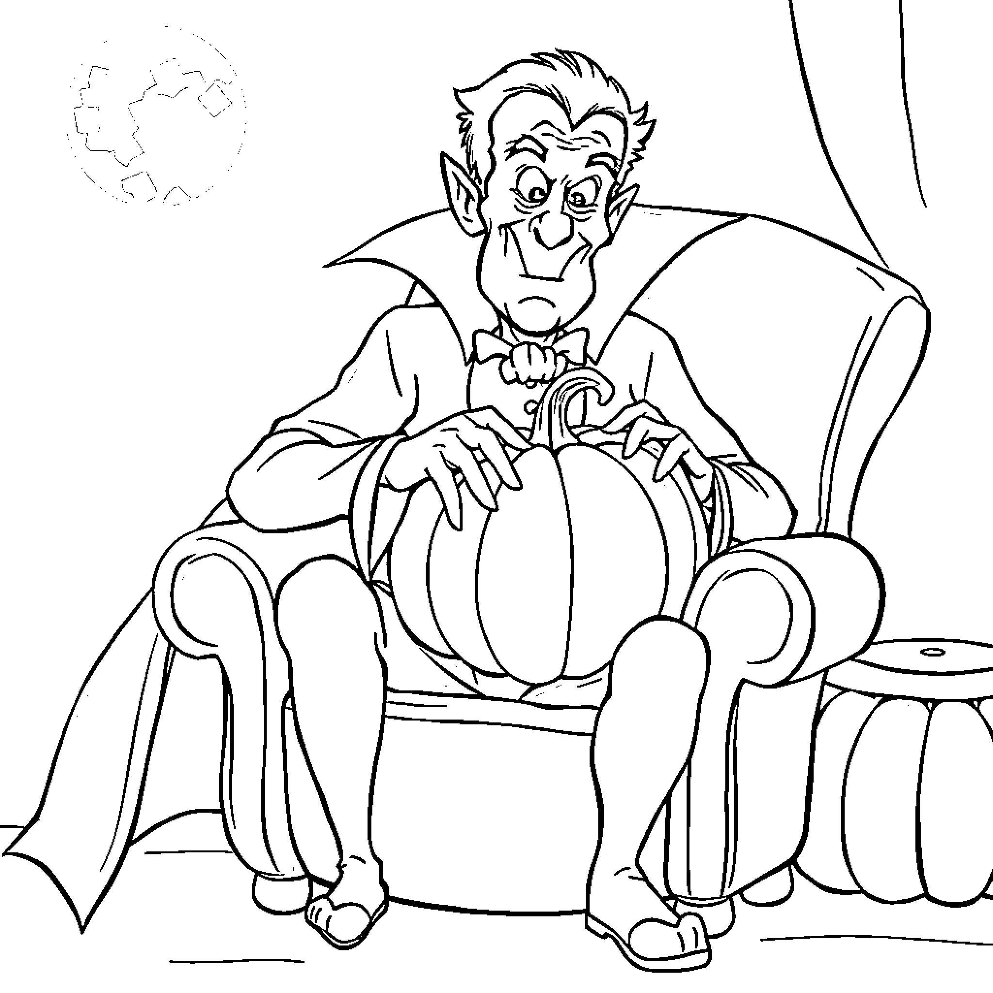 Dracula lounging in his gothic chair Coloring Page (free black-and-white line drawing printable PDF for all, from beginners to advanced learners, including children, teens, adults, and seniors)