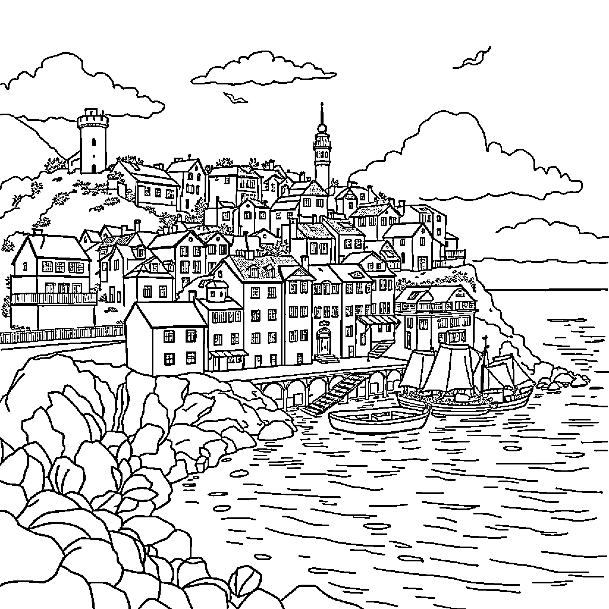 Reine's Coastal Town with Harbor and Sailboats Coloring Page (free black-and-white line drawing printable PDF for all, from beginners to advanced learners, including children, teens, adults, and seniors)