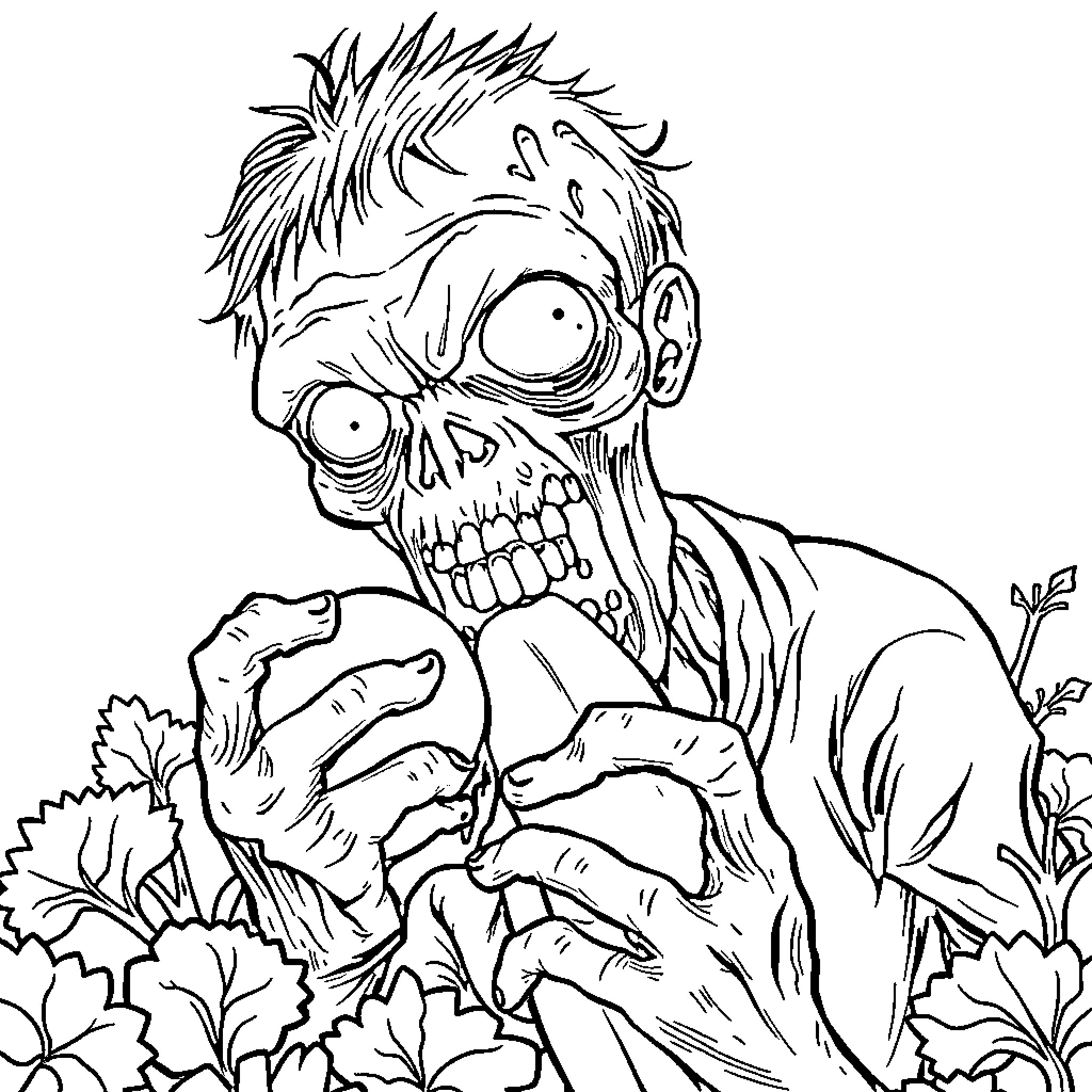 Zombie emerging from the foliage with a gruesome expression Coloring Page (free black-and-white line drawing printable PDF for all, from beginners to advanced learners, including children, teens, adults, and seniors)