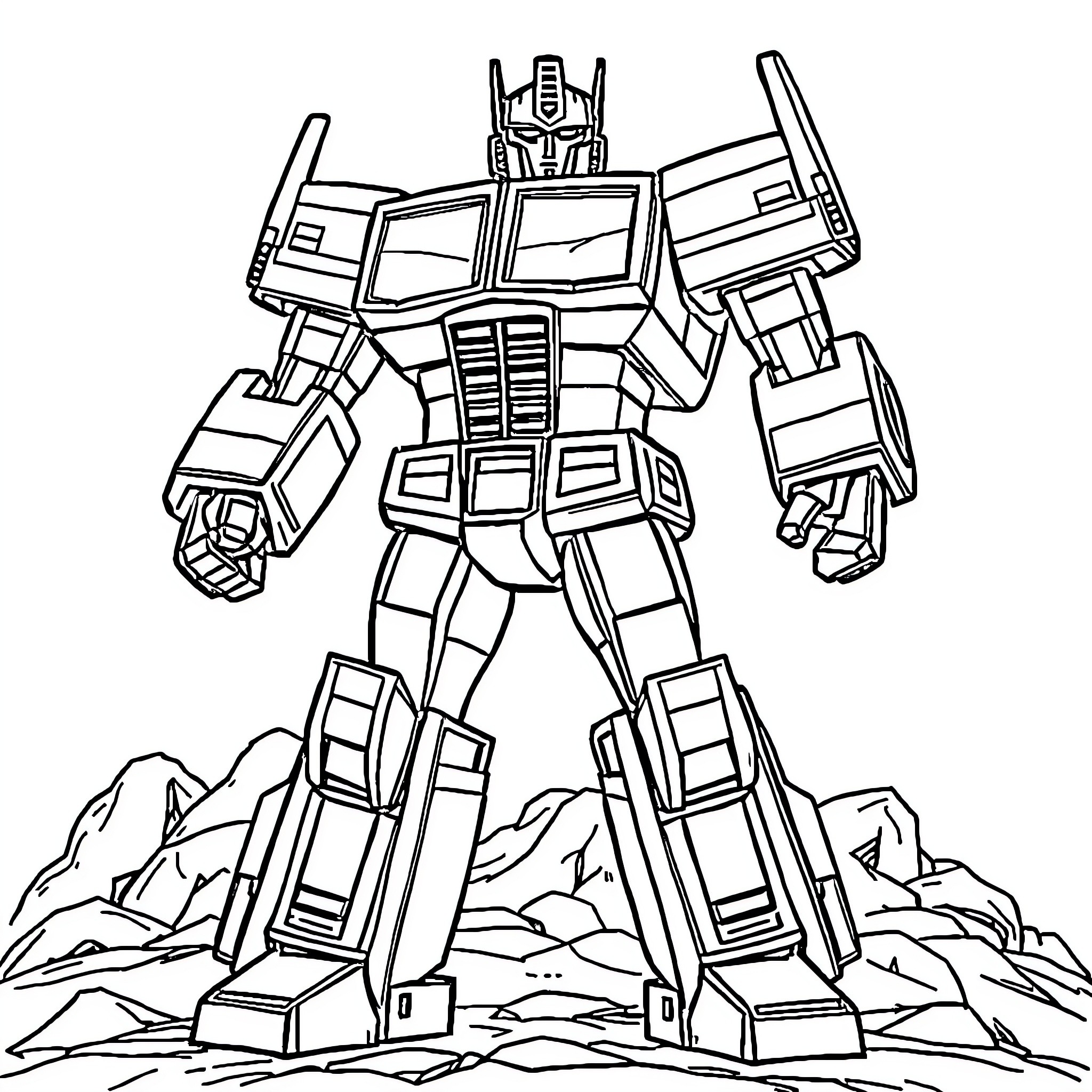 Optimus Prime standing tall in a dramatic scene Coloring Page (free black-and-white line drawing printable PDF for all, from beginners to advanced learners, including children, teens, adults, and seniors)