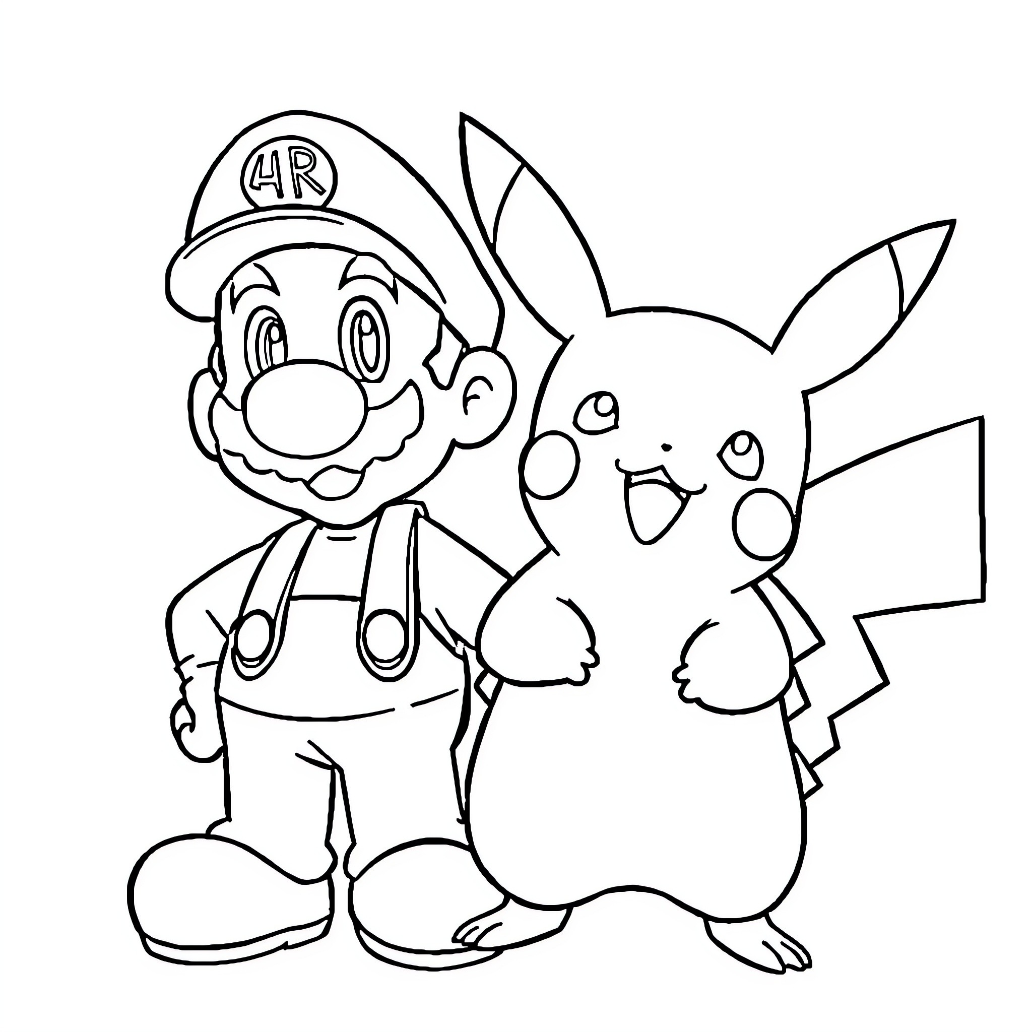 Pikachu and Mario pose together in a sketch Coloring Page (free black-and-white line drawing printable PDF for all, from beginners to advanced learners, including children, teens, adults, and seniors)