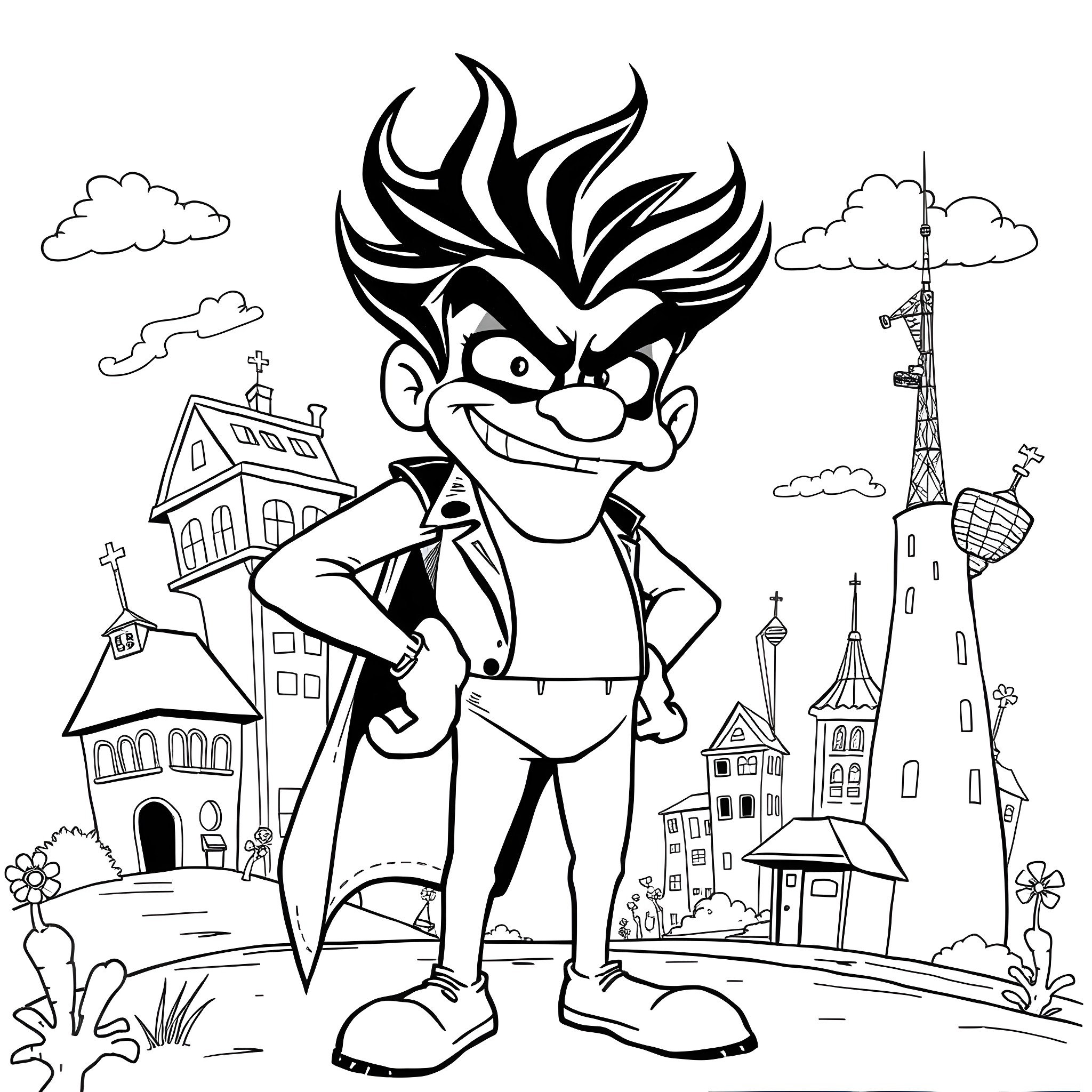 Bizzarro Mischievous Cartoon Character in Quirky Town Coloring Page (free black-and-white line drawing printable PDF for all, from beginners to advanced learners, including children, teens, adults, and seniors)