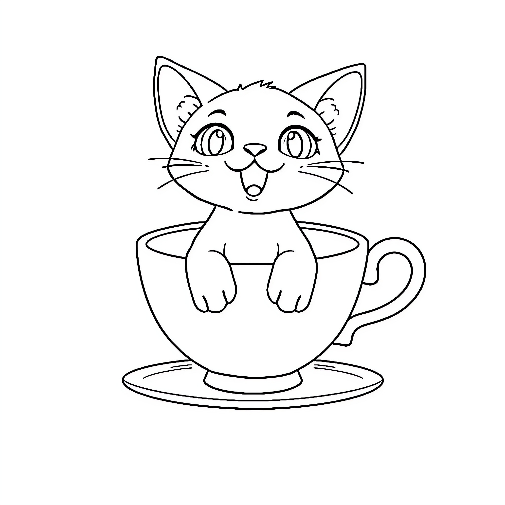 Cat peeking out from teacup Coloring Page (free black-and-white line drawing printable PDF for all, from beginners to advanced learners, including children, teens, adults, and seniors)