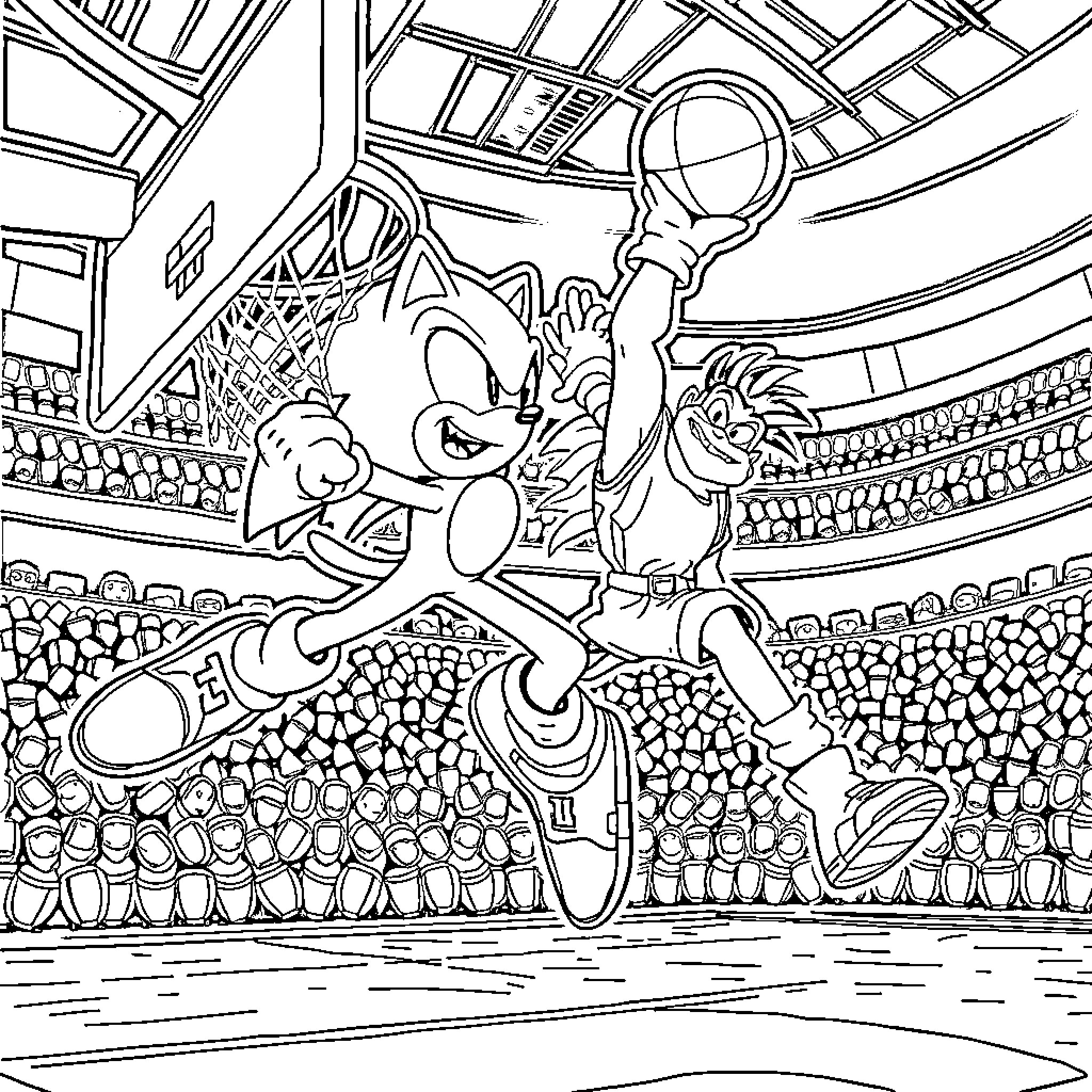 Sonic's Basketball Dribbling Showdown Coloring Page (free black-and-white line drawing printable PDF for all, from beginners to advanced learners, including children, teens, adults, and seniors)