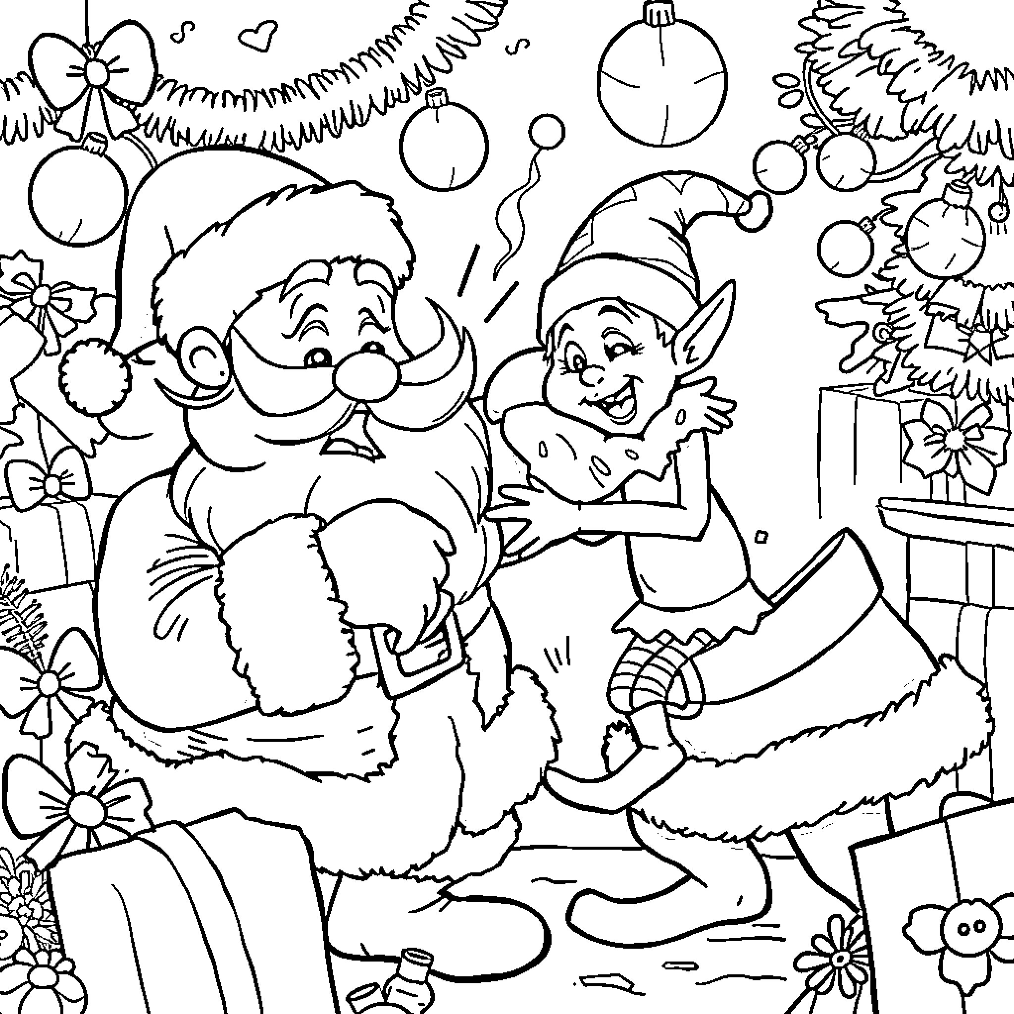 Santa and Elf Celebrate Christmas Joyfully Coloring Page (free black-and-white line drawing printable PDF for all, from beginners to advanced learners, including children, teens, adults, and seniors)