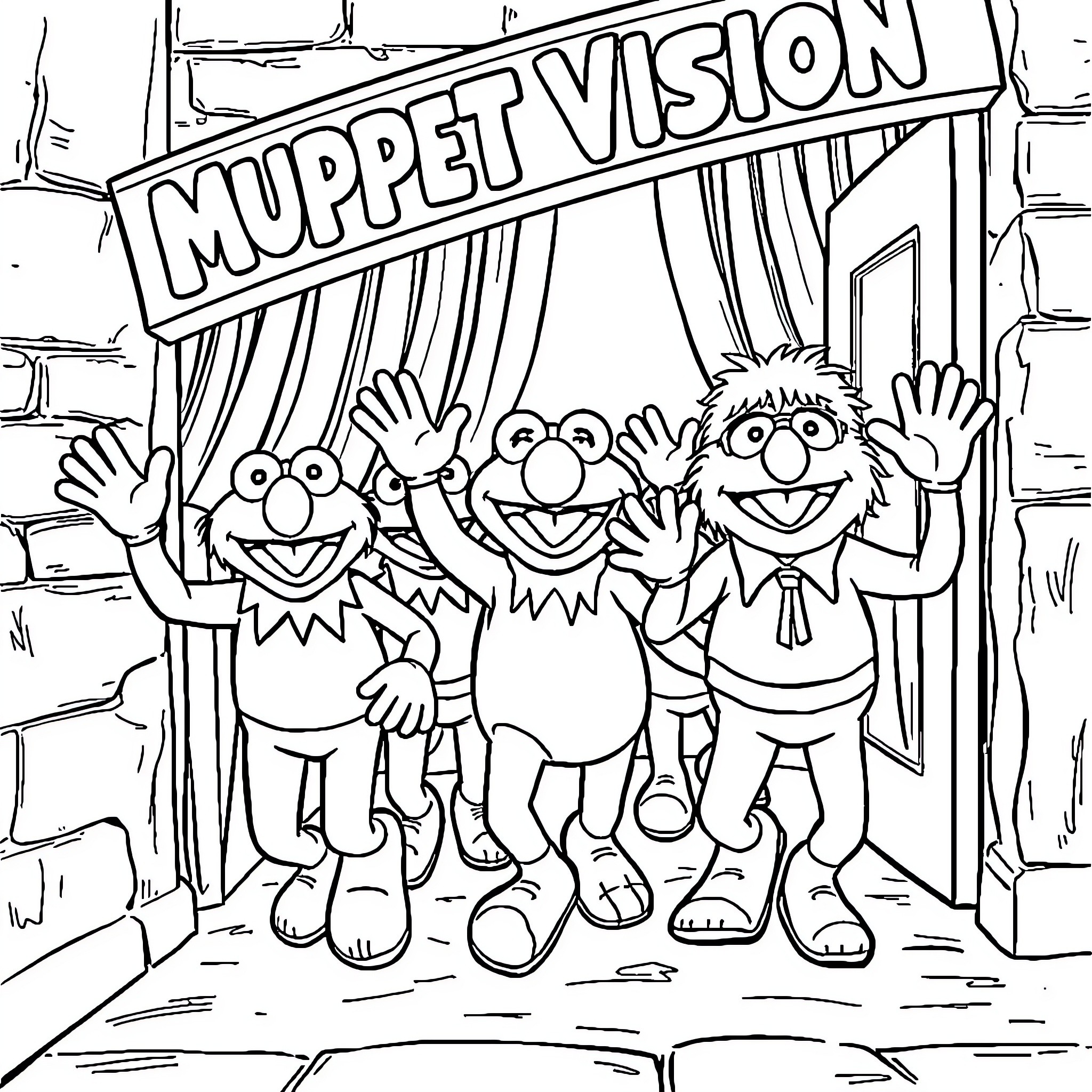 Muppet performers waving and smiling at Muppet Vision Coloring Page (free black-and-white line drawing printable PDF for all, from beginners to advanced learners, including children, teens, adults, and seniors)