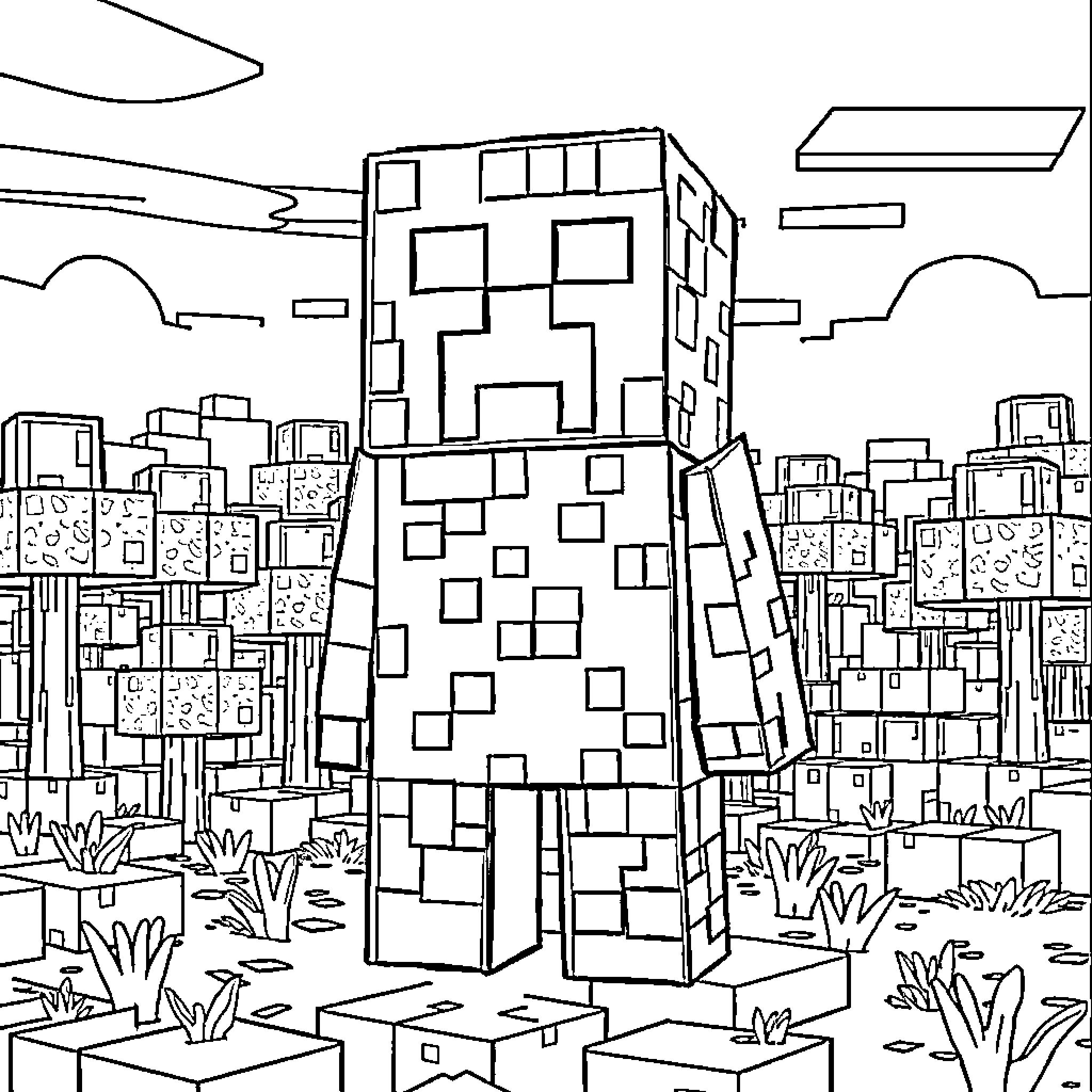 Creeper standing amidst a landscape of blocks Coloring Page (free black-and-white line drawing printable PDF for all, from beginners to advanced learners, including children, teens, adults, and seniors)