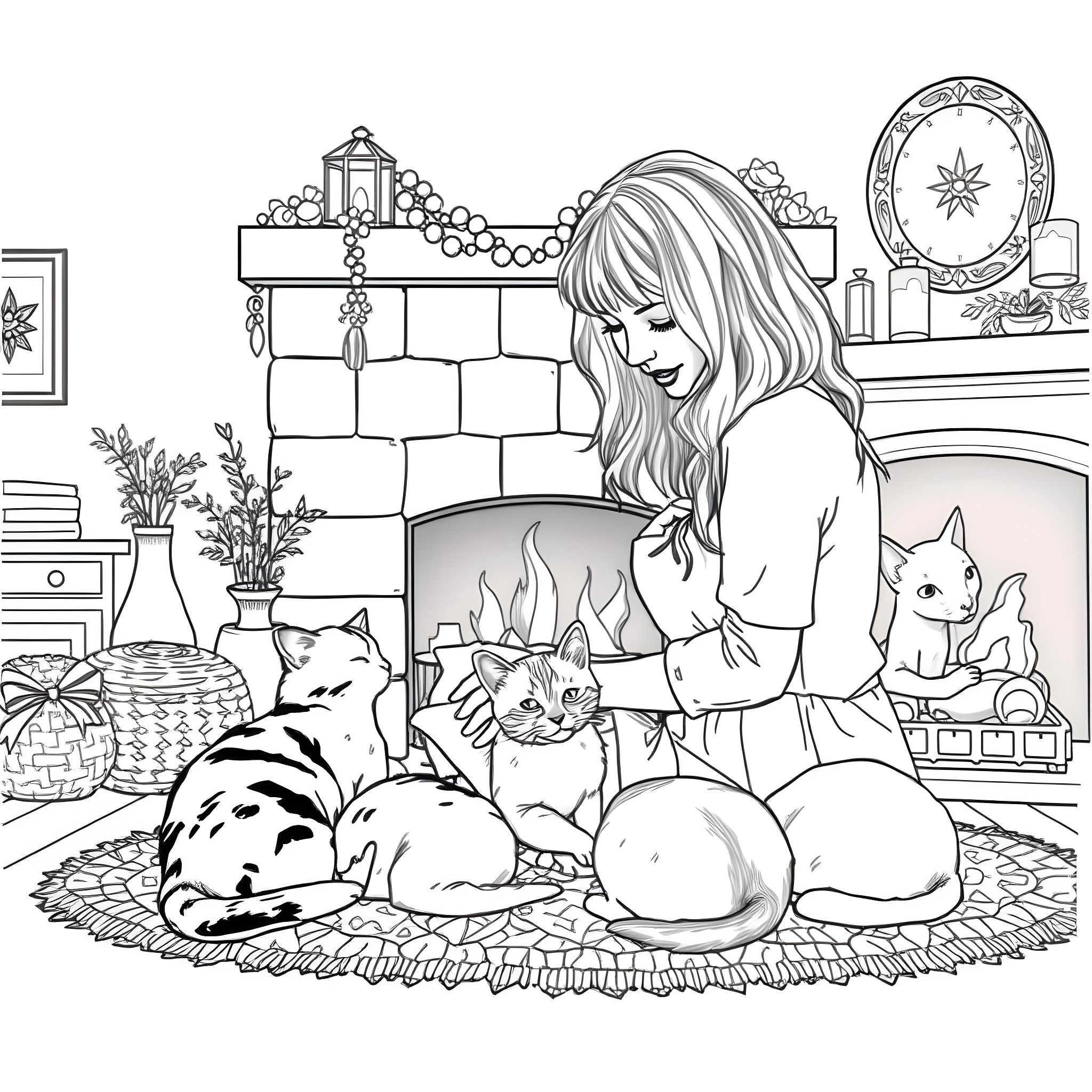 Cat surrounded by cozy pets in a warm home Coloring Page (free black-and-white line drawing printable PDF for all, from beginners to advanced learners, including children, teens, adults, and seniors)
