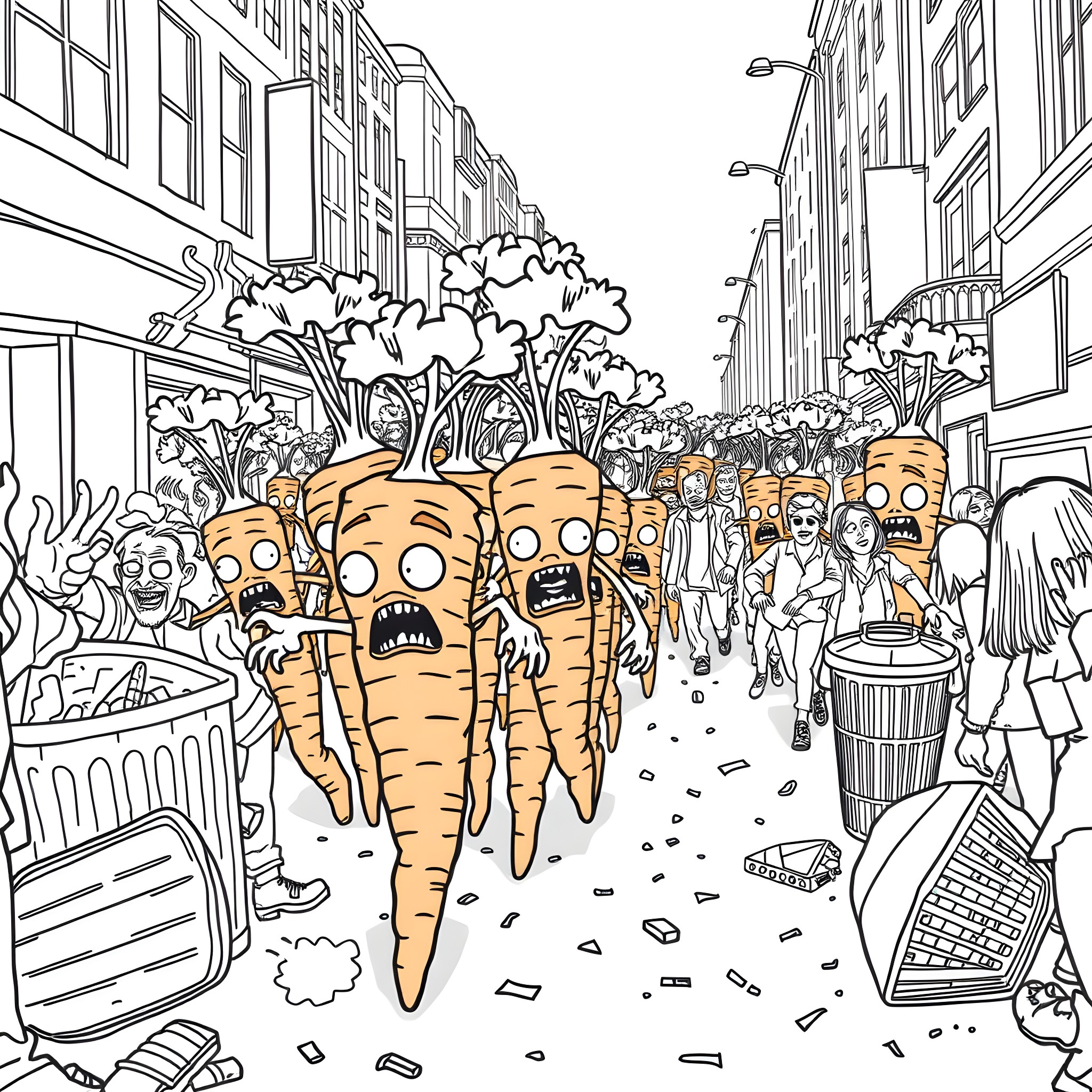 Carrot Parade with Cheerful Crowd Coloring Page (free black-and-white line drawing printable PDF for all, from beginners to advanced learners, including children, teens, adults, and seniors)