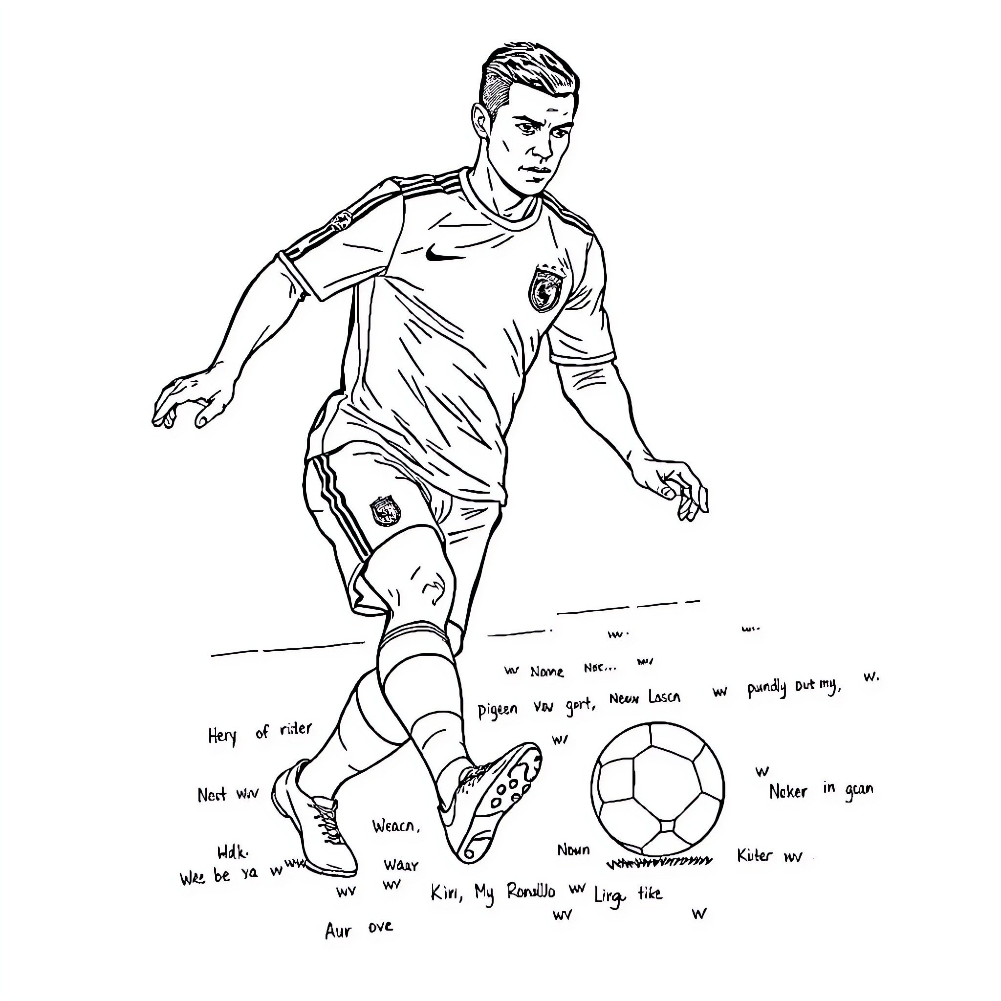 Ronaldo playing football with determination Coloring Page (free black-and-white line drawing printable PDF for all, from beginners to advanced learners, including children, teens, adults, and seniors)