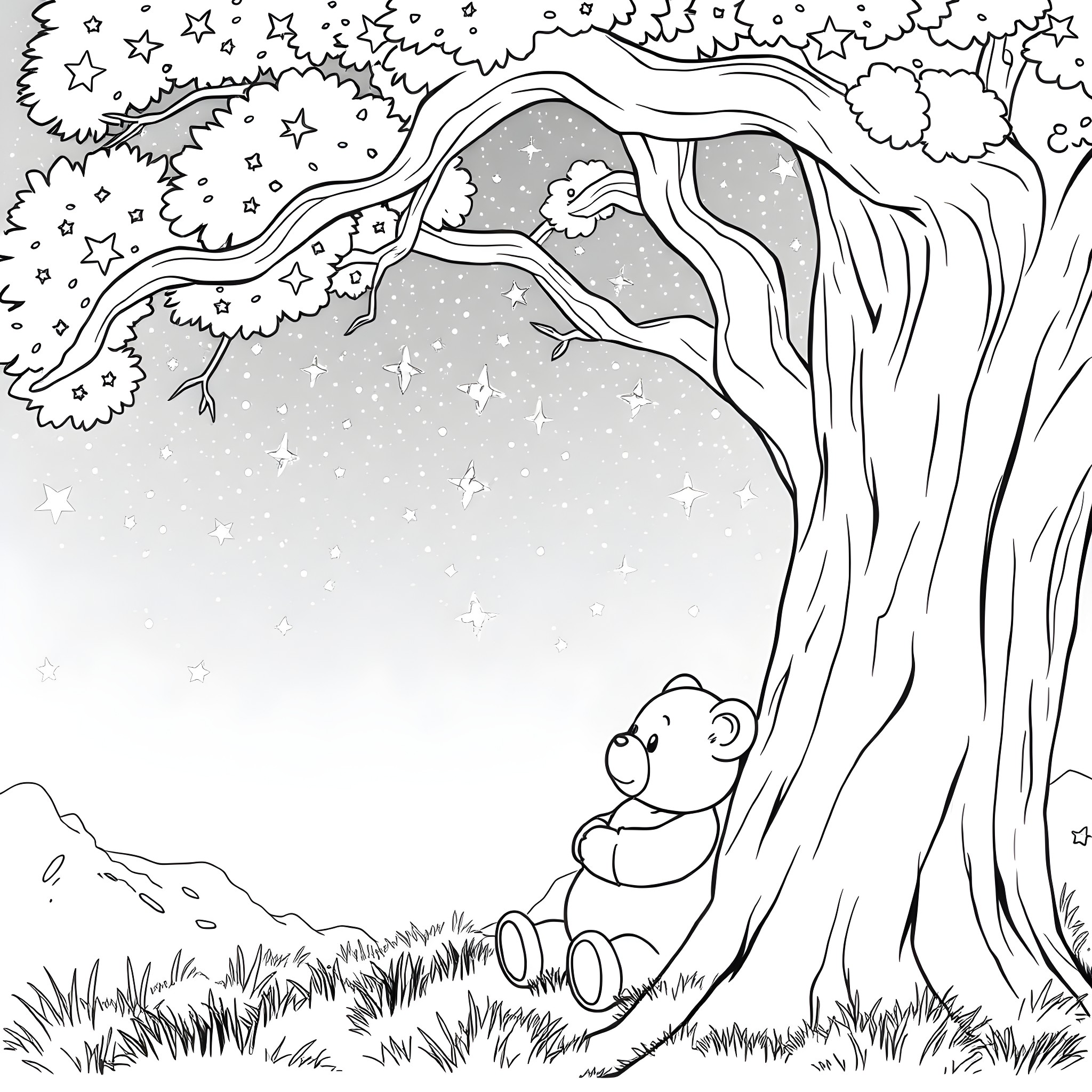 Liara T'Soni sitting under a starry night tree Coloring Page (free black-and-white line drawing printable PDF for all, from beginners to advanced learners, including children, teens, adults, and seniors)