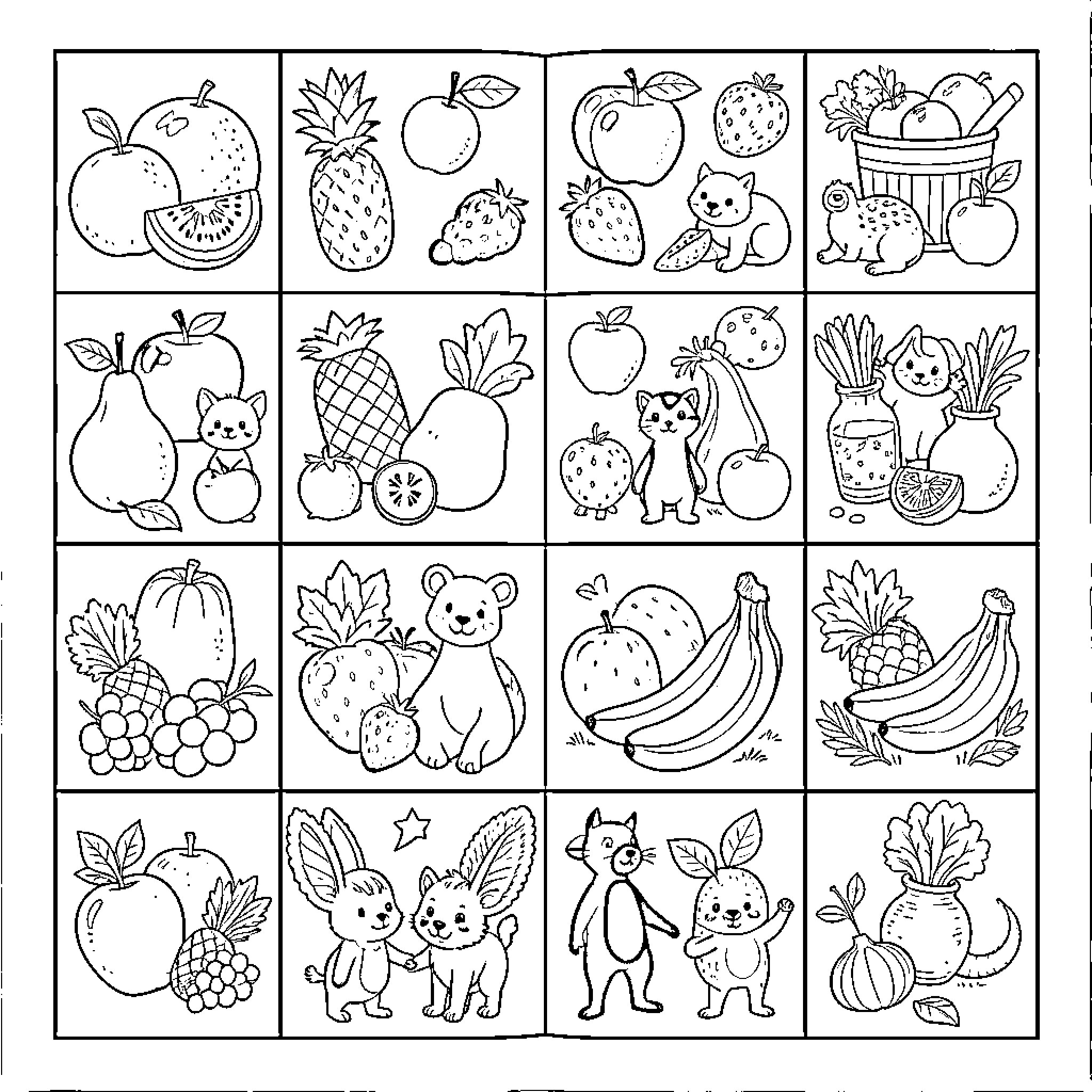 Book of Fruit-Filled Adventures Coloring Page (free black-and-white line drawing printable PDF for all, from beginners to advanced learners, including children, teens, adults, and seniors)