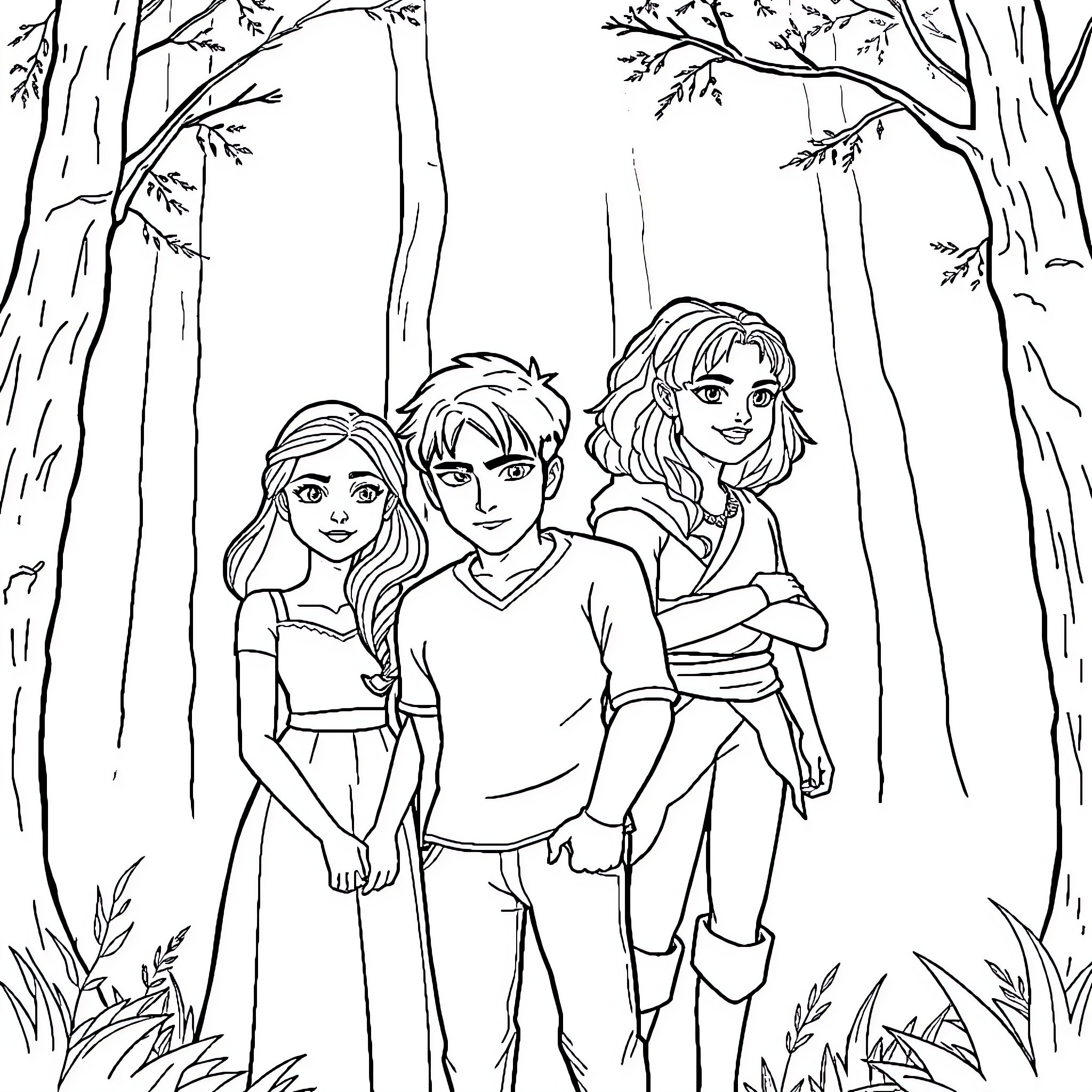 Character Trio Exploring the Enchanted Forest Coloring Page (free black-and-white line drawing printable PDF for all, from beginners to advanced learners, including children, teens, adults, and seniors)