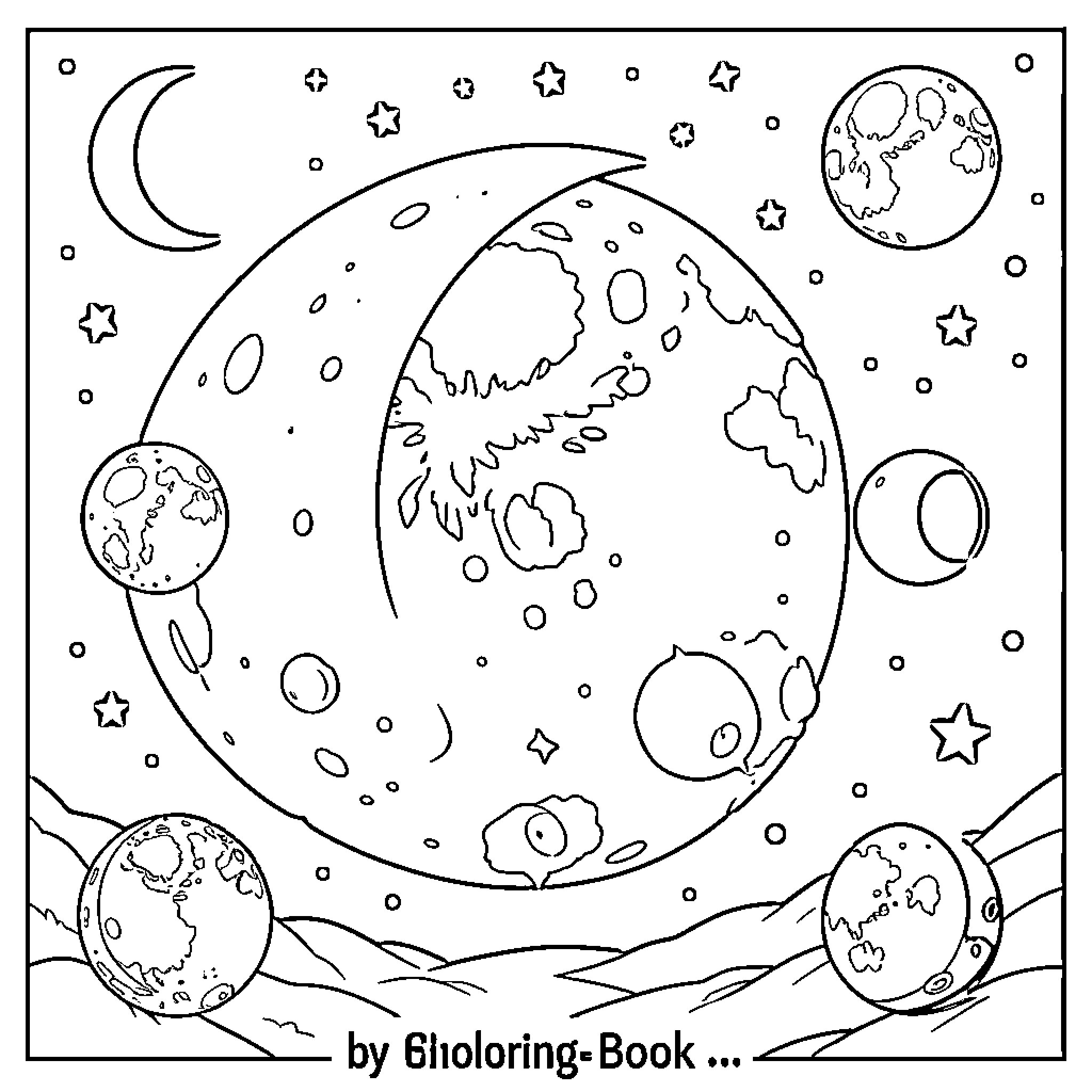 Moon and stars decorating the night sky Coloring Page (free black-and-white line drawing printable PDF for all, from beginners to advanced learners, including children, teens, adults, and seniors)