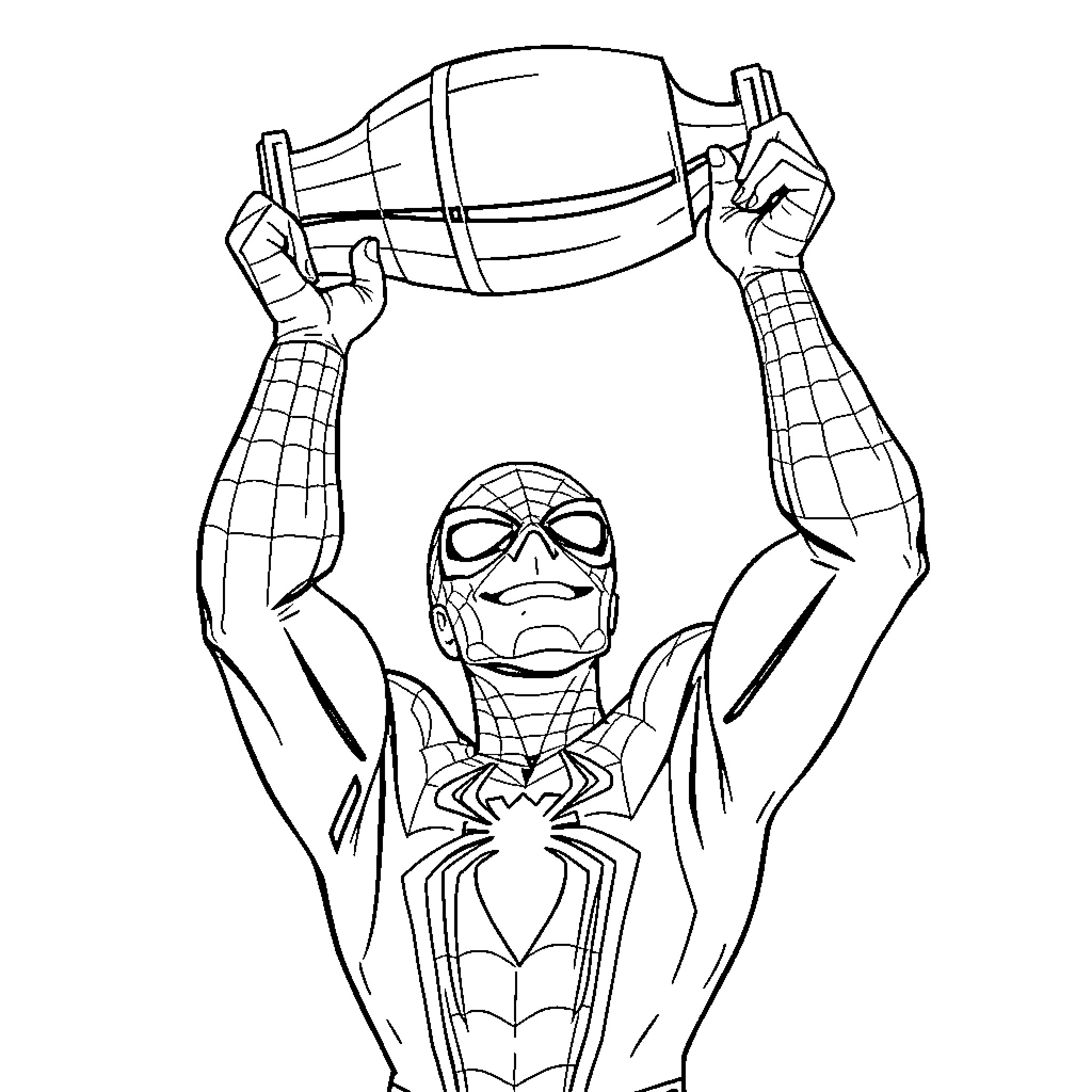 Spiderman Lifting Heavy Object with Webbing Coloring Page (free black-and-white line drawing printable PDF for all, from beginners to advanced learners, including children, teens, adults, and seniors)
