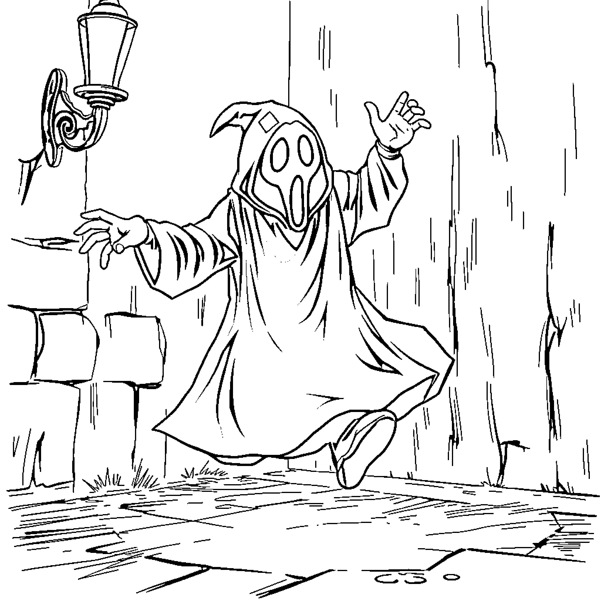 Ghostface raising arms in eerie darkness Coloring Page (free black-and-white line drawing printable PDF for all, from beginners to advanced learners, including children, teens, adults, and seniors)