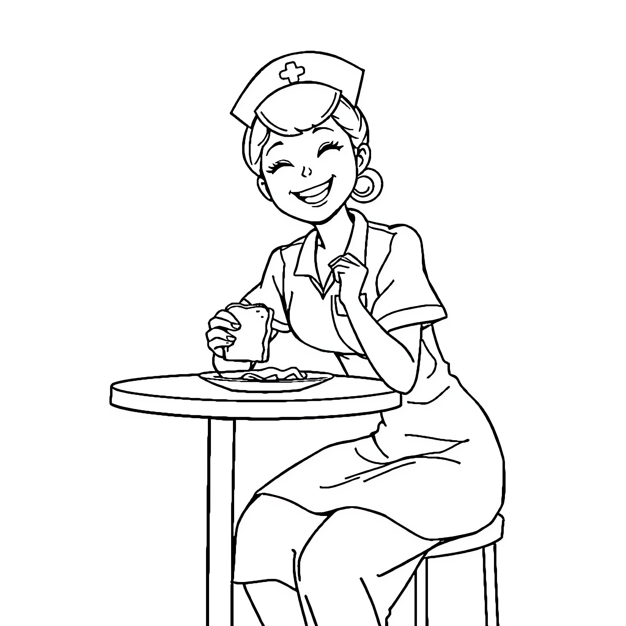 Nurse Serving Meal with a Smile Coloring Page (free black-and-white line drawing printable PDF for all, from beginners to advanced learners, including children, teens, adults, and seniors)