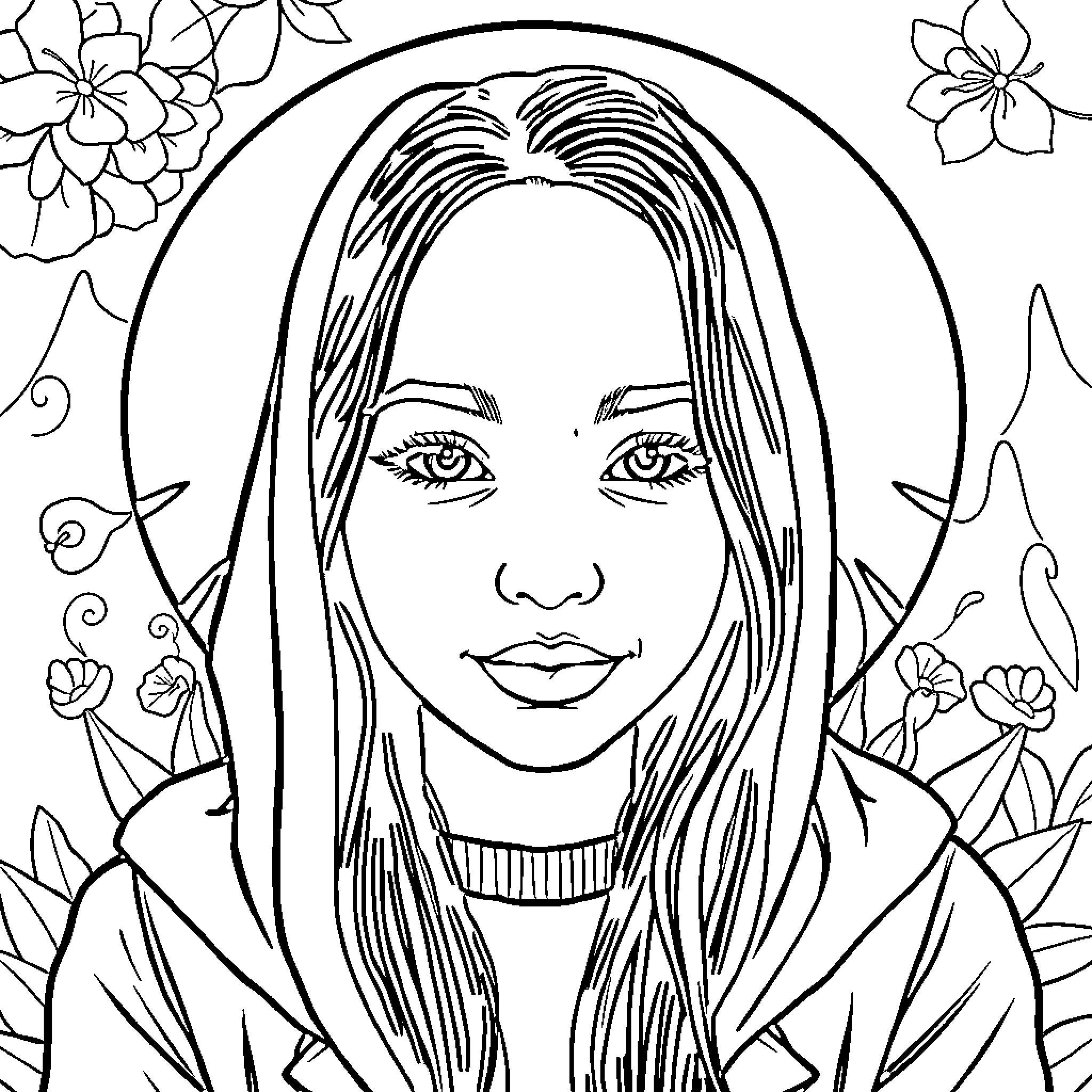 Ava smiling amidst floral backdrop Coloring Page (free black-and-white line drawing printable PDF for all, from beginners to advanced learners, including children, teens, adults, and seniors)