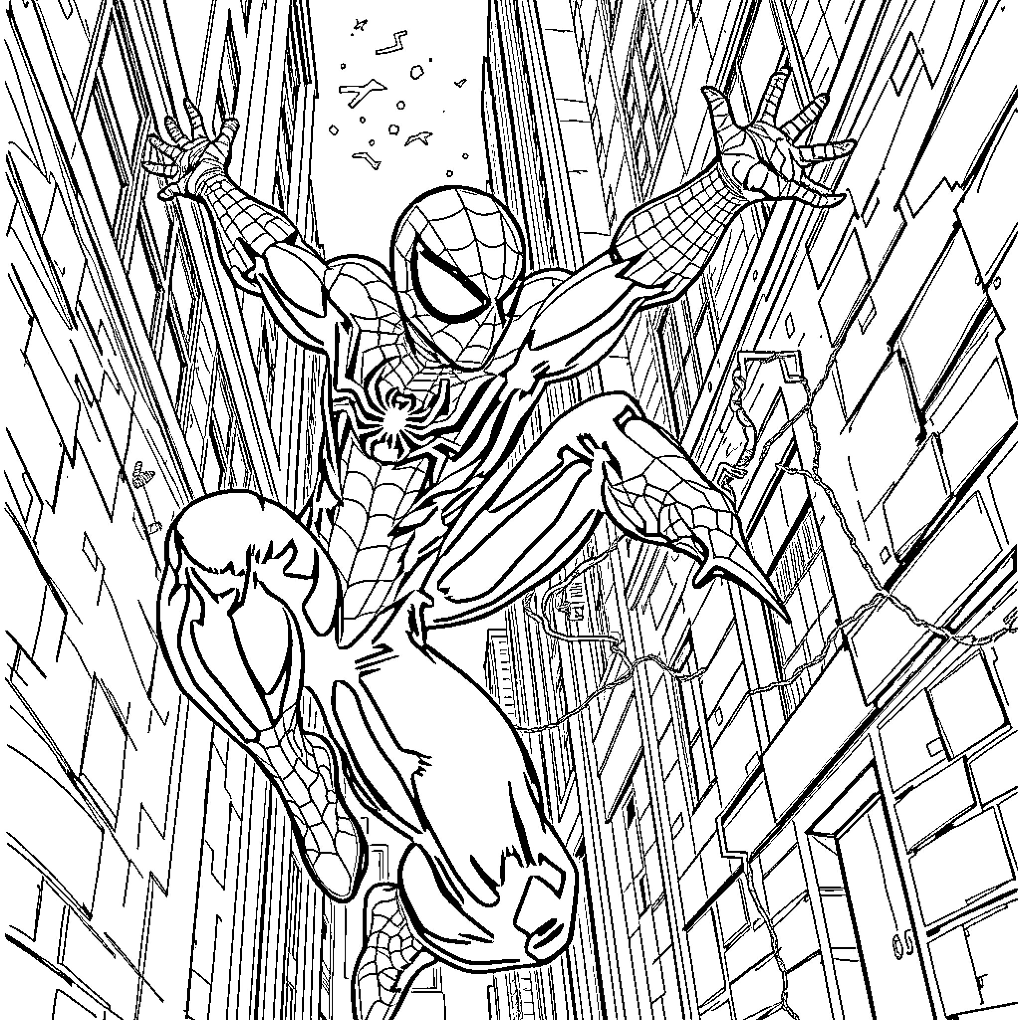 Spiderman swinging through the city skyline Coloring Page (free black-and-white line drawing printable PDF for all, from beginners to advanced learners, including children, teens, adults, and seniors)