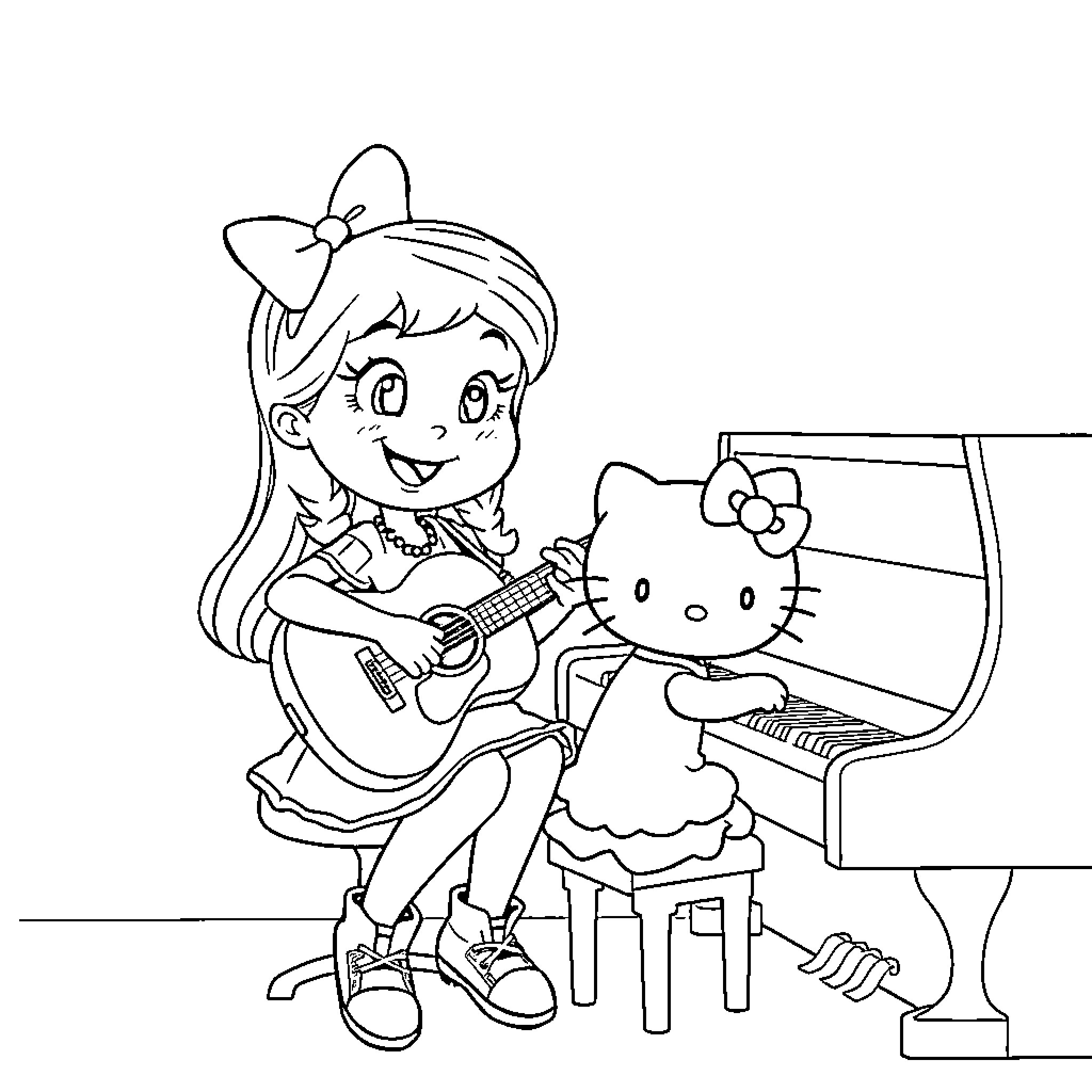 Gabby playing guitar with Hello Kitty Coloring Page (free black-and-white line drawing printable PDF for all, from beginners to advanced learners, including children, teens, adults, and seniors)