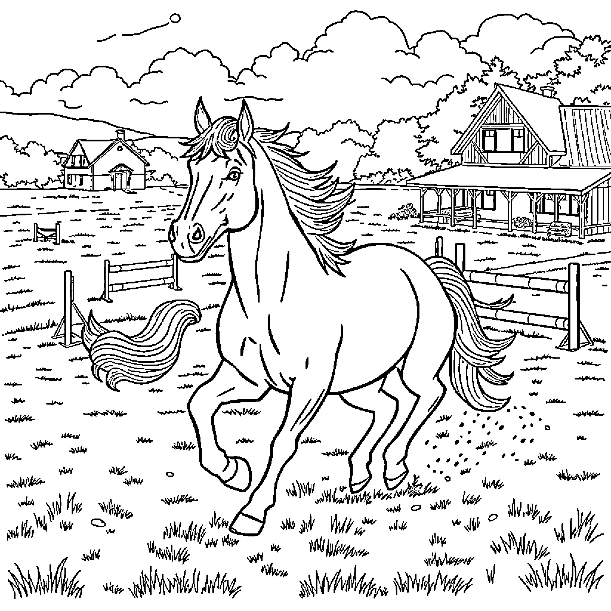 Horse galloping freely in rural farmscape Coloring Page (free black-and-white line drawing printable PDF for all, from beginners to advanced learners, including children, teens, adults, and seniors)