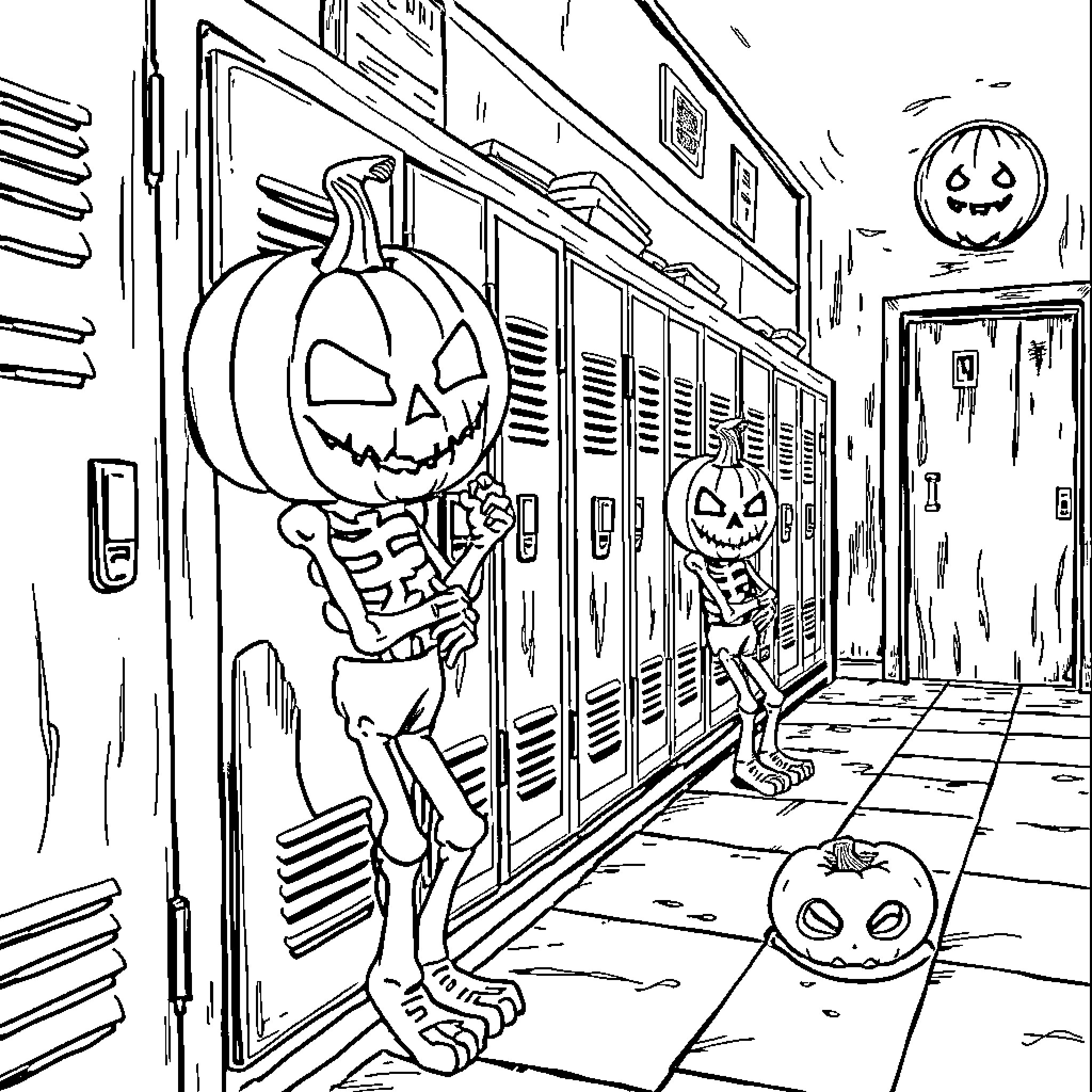 Pumpkin-themed Halloween in the school hallway Coloring Page (free black-and-white line drawing printable PDF for all, from beginners to advanced learners, including children, teens, adults, and seniors)