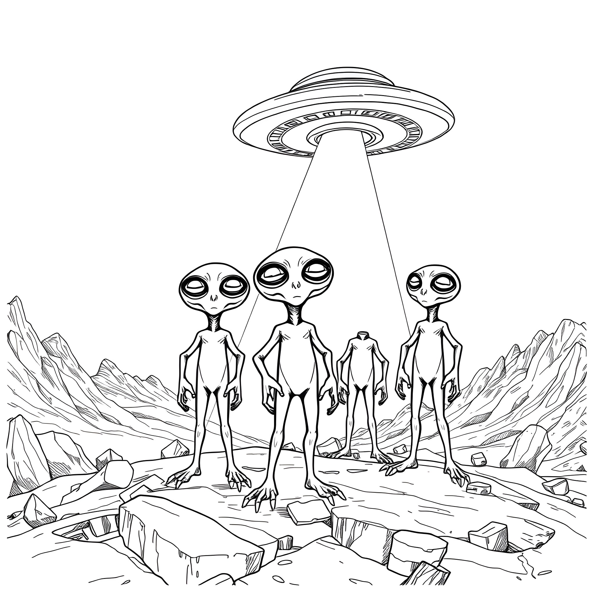 Alien encounter with bizarre UFO in a rocky landscape Coloring Page (free black-and-white line drawing printable PDF for all, from beginners to advanced learners, including children, teens, adults, and seniors)