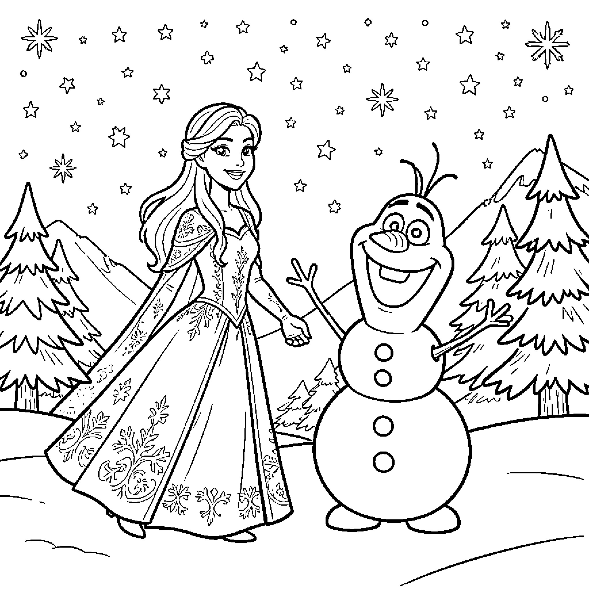 Snow Queen and Friendly Snowman in Snowy Winter Scene Coloring Page (free black-and-white line drawing printable PDF for all, from beginners to advanced learners, including children, teens, adults, and seniors)