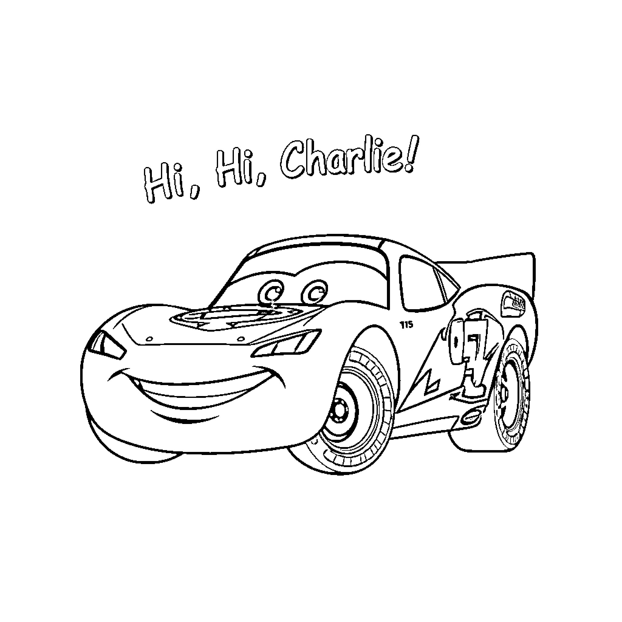 Lightning McQueen greets the viewer with a smile Coloring Page (free black-and-white line drawing printable PDF for all, from beginners to advanced learners, including children, teens, adults, and seniors)