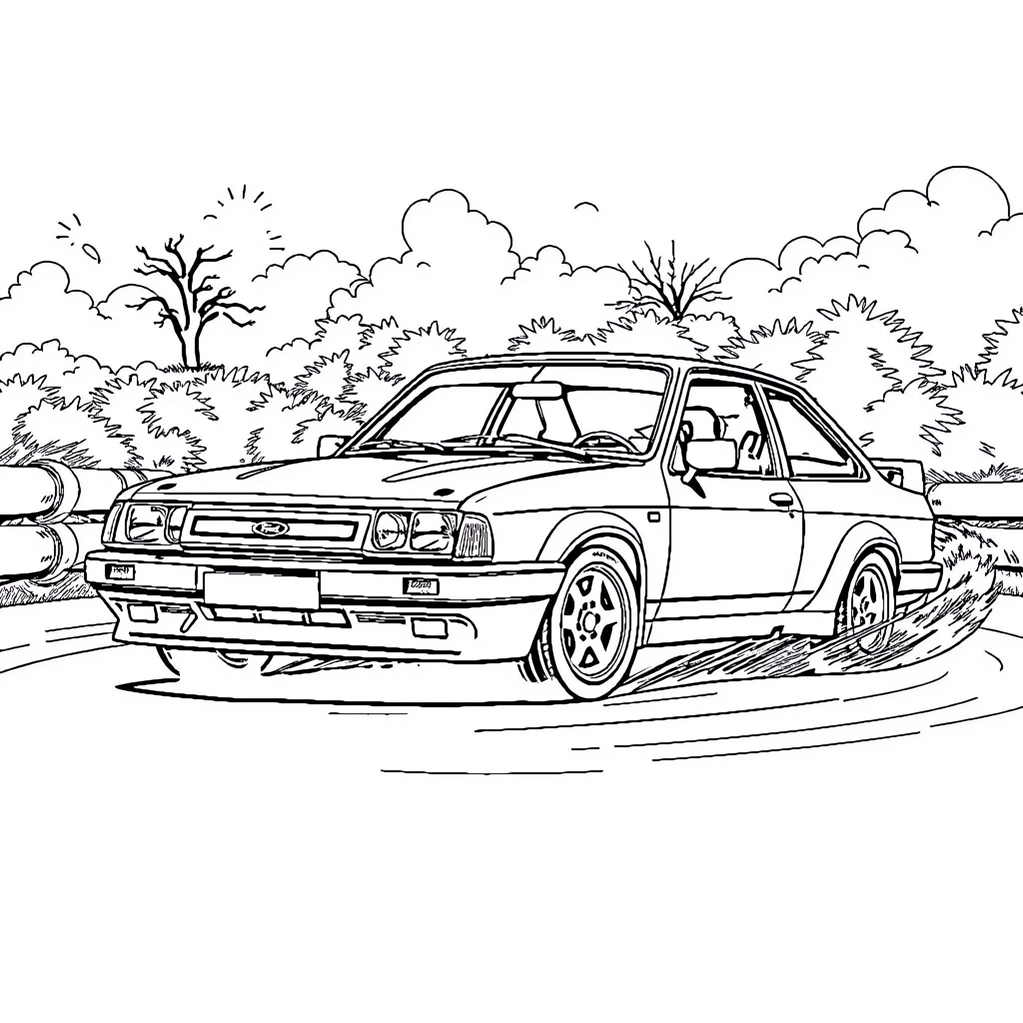 Ford sports car racing through countryside Coloring Page (free black-and-white line drawing printable PDF for all, from beginners to advanced learners, including children, teens, adults, and seniors)