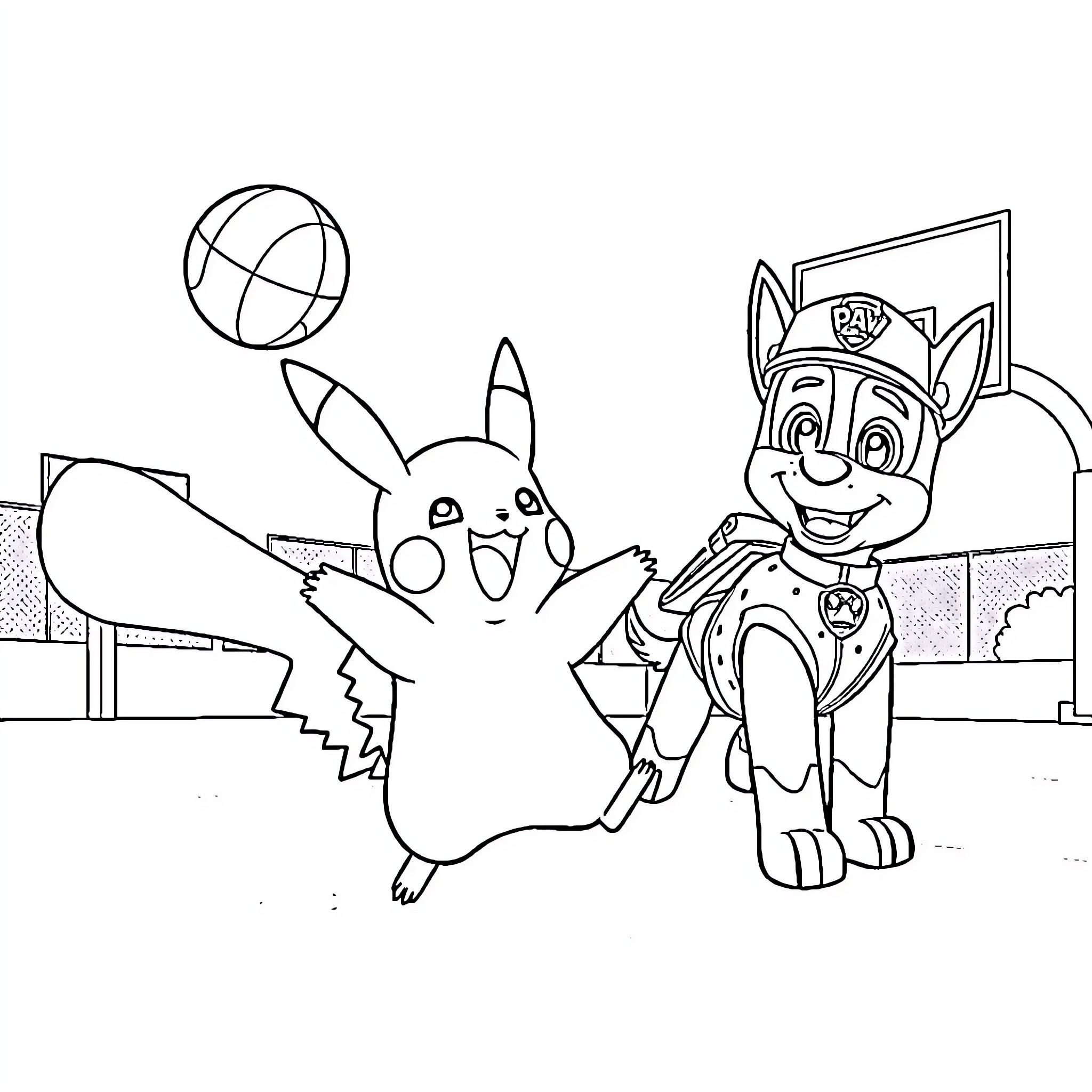 Pikachu playing with a pup in a city scene Coloring Page (free black-and-white line drawing printable PDF for all, from beginners to advanced learners, including children, teens, adults, and seniors)