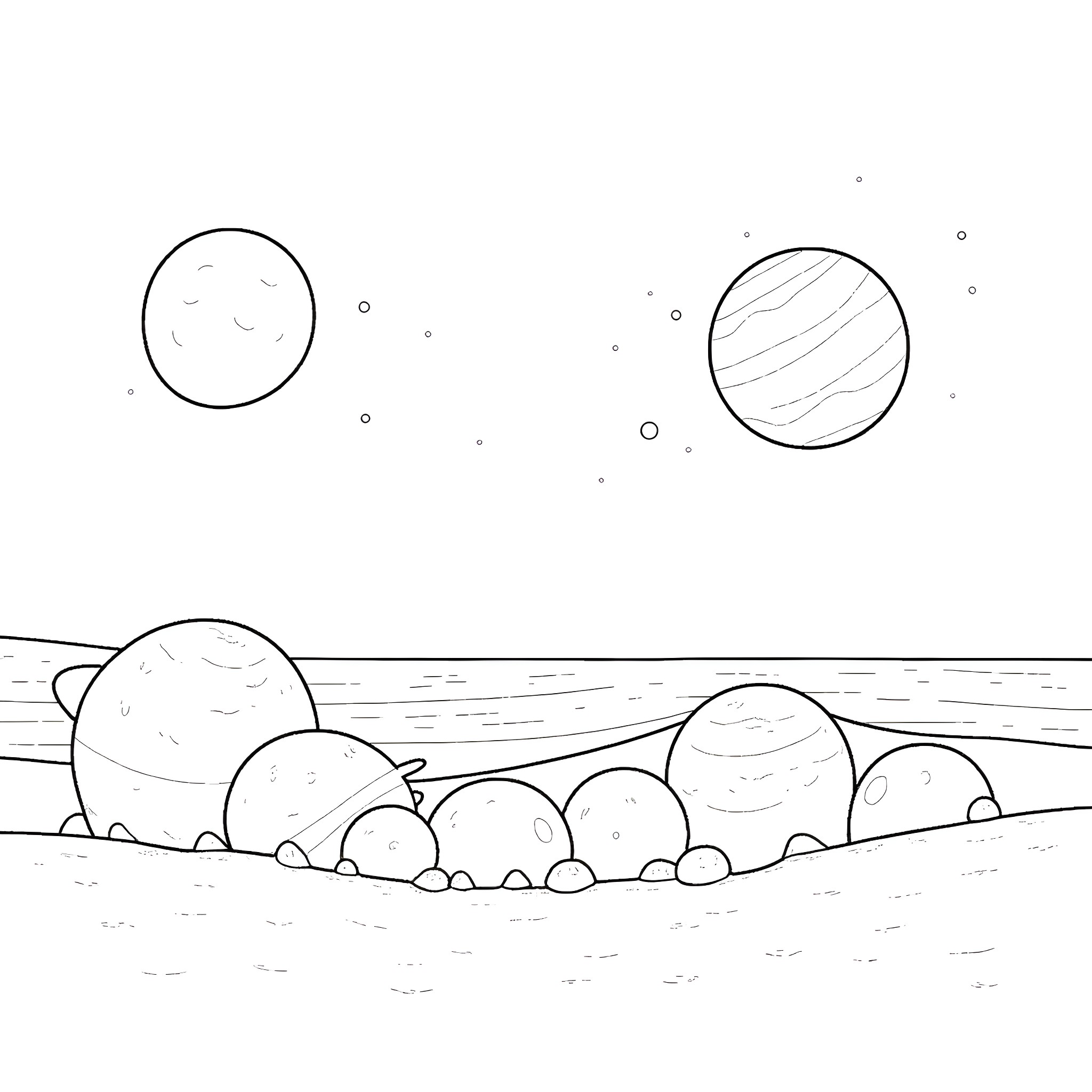 Planet Spheres in the Cosmic Landscape Coloring Page (free black-and-white line drawing printable PDF for all, from beginners to advanced learners, including children, teens, adults, and seniors)