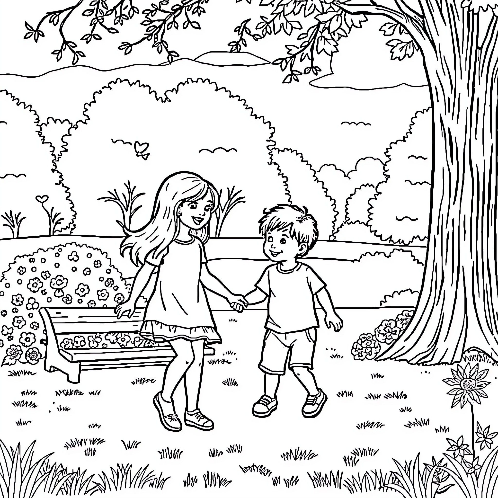 Sibling Companions Enjoying Nature's Embrace Coloring Page (free black-and-white line drawing printable PDF for all, from beginners to advanced learners, including children, teens, adults, and seniors)