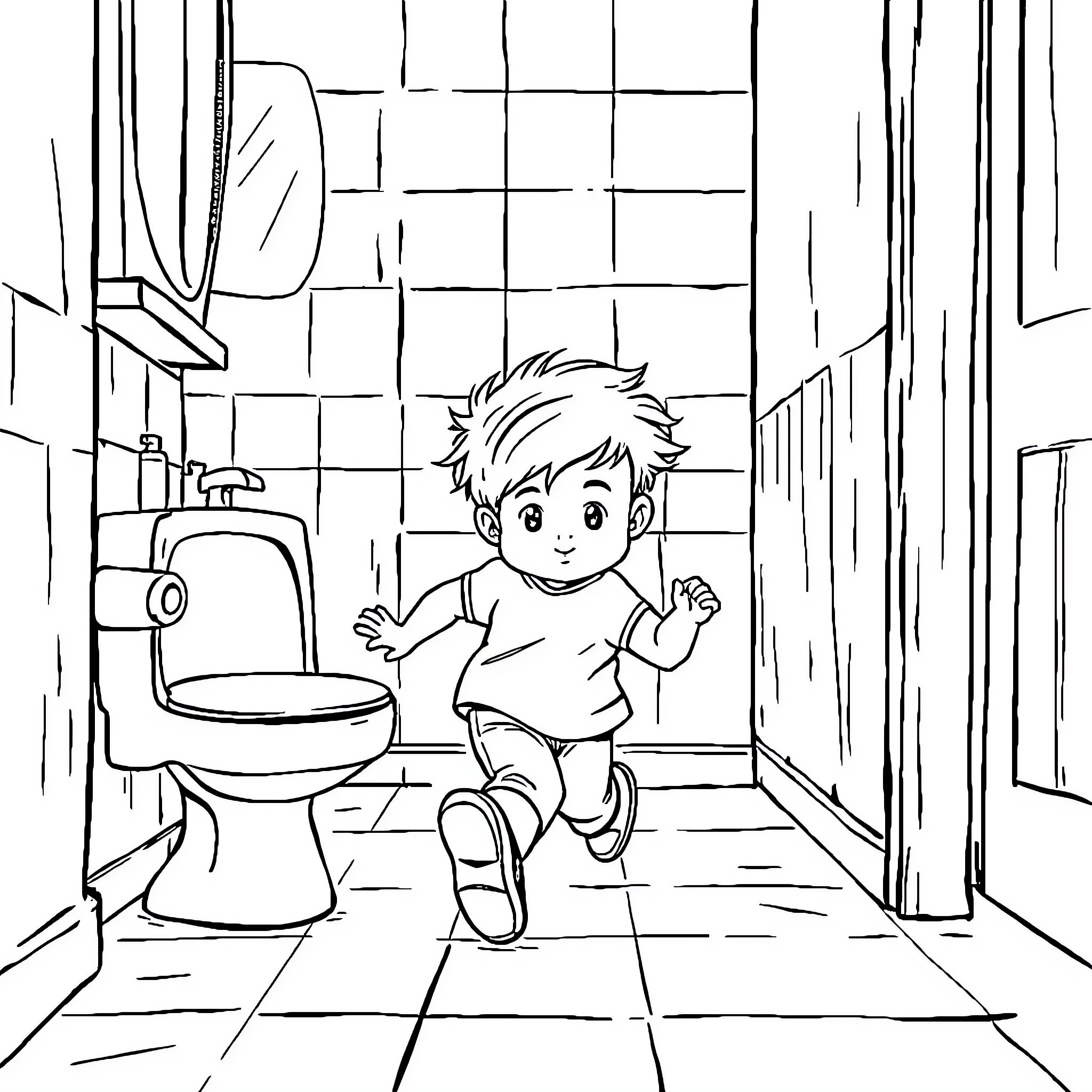 Child playing happily in the bathroom Coloring Page (free black-and-white line drawing printable PDF for all, from beginners to advanced learners, including children, teens, adults, and seniors)