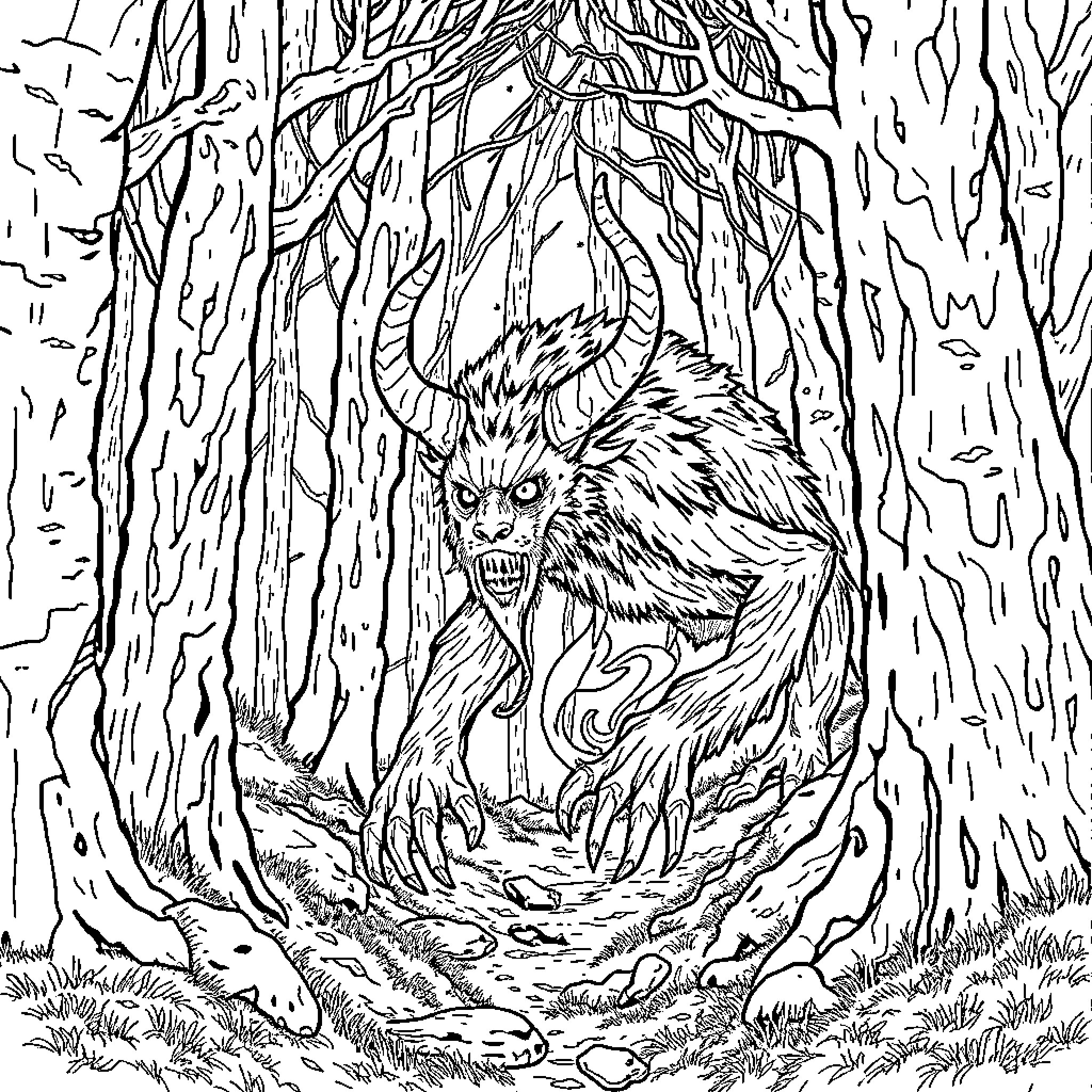 Cryptid creature lurking in the dark forest Coloring Page (free black-and-white line drawing printable PDF for all, from beginners to advanced learners, including children, teens, adults, and seniors)