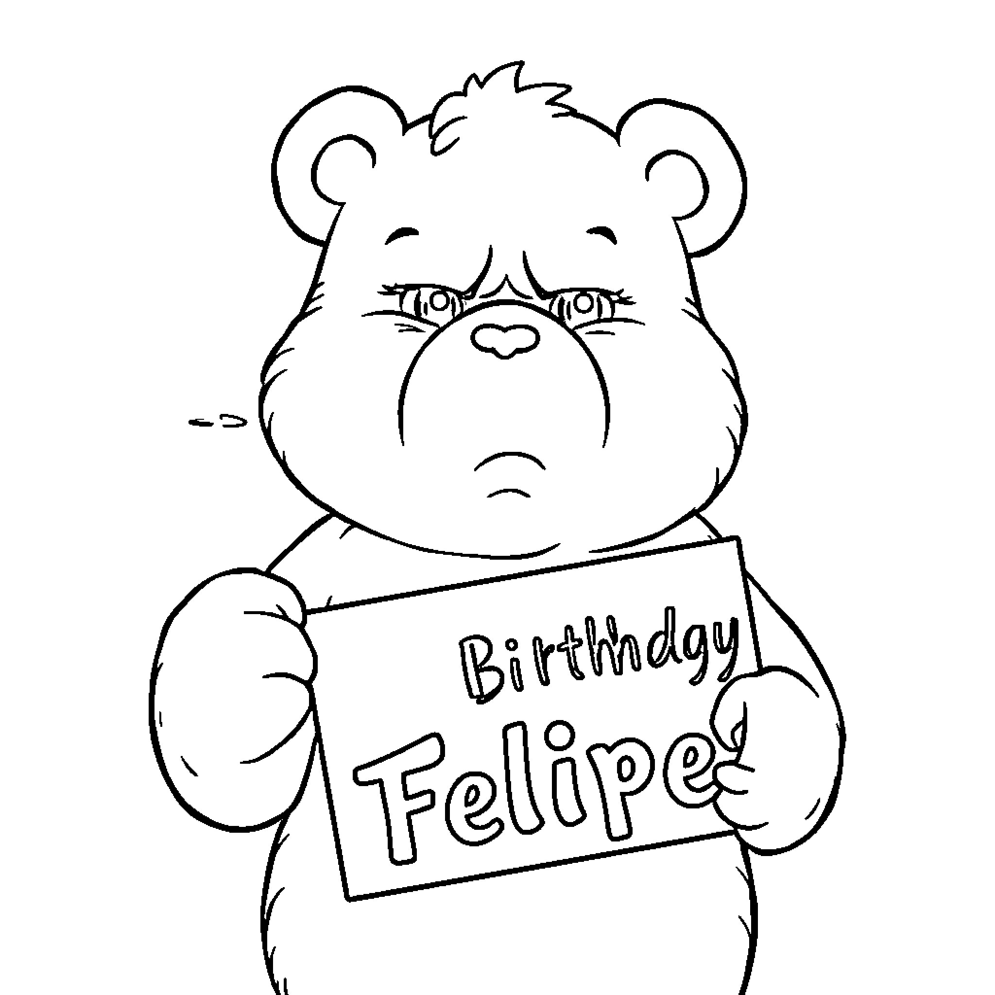 Care Bear holding birthday sign Coloring Page (free black-and-white line drawing printable PDF for all, from beginners to advanced learners, including children, teens, adults, and seniors)