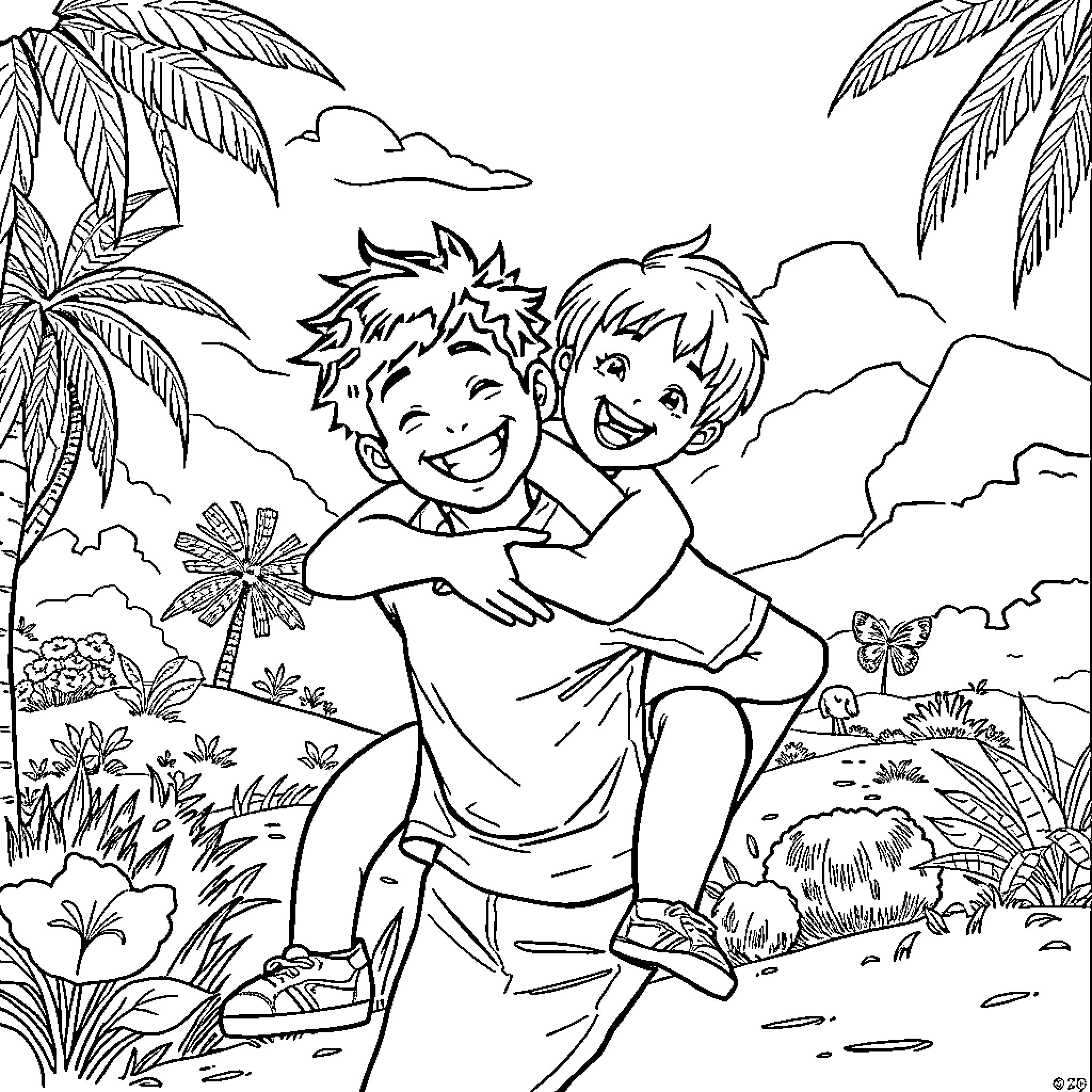 Lamine Yamal enjoying a playful embrace in the tropical landscape Coloring Page (free black-and-white line drawing printable PDF for all, from beginners to advanced learners, including children, teens, adults, and seniors)