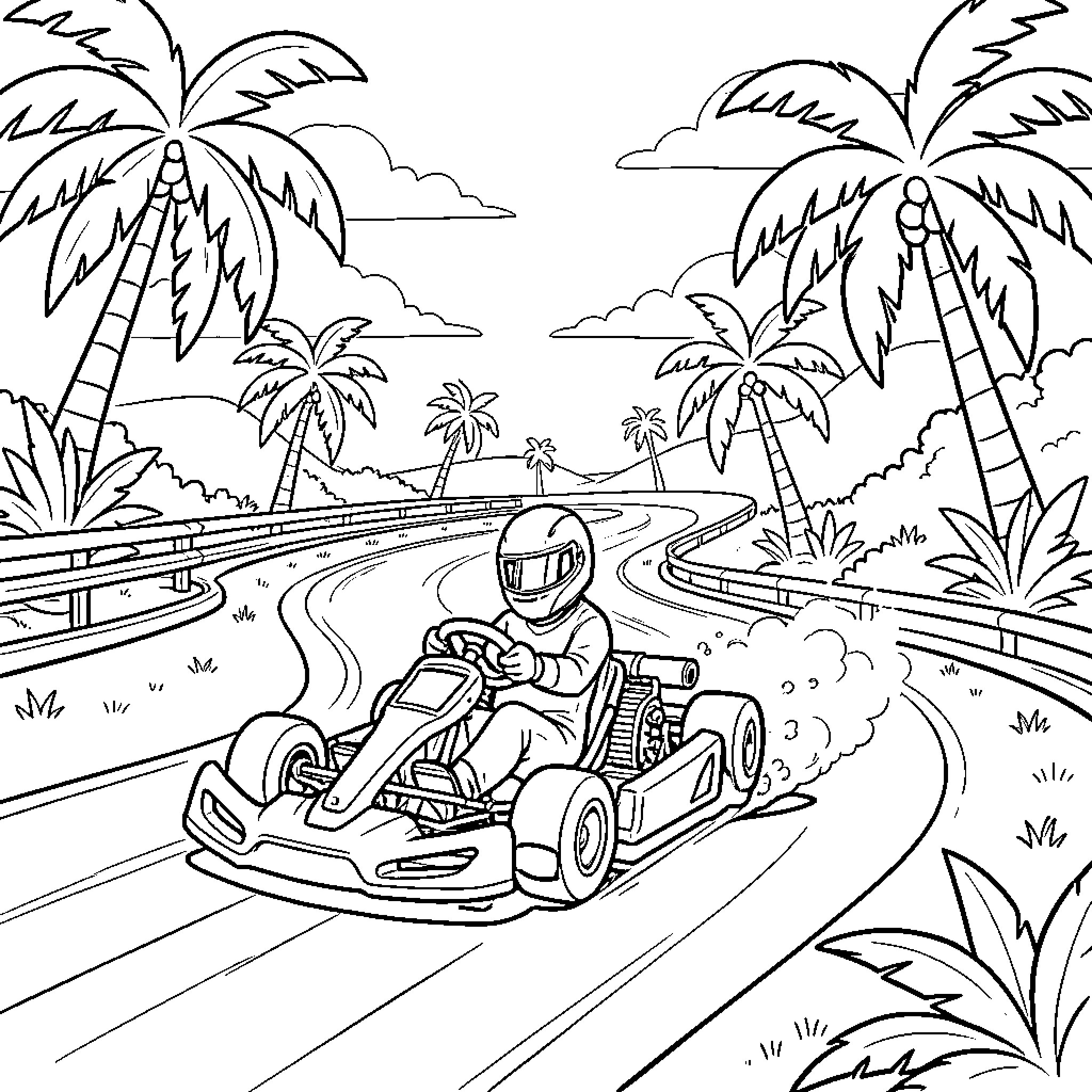 Gokart racing through a tropical palm tree landscape Coloring Page (free black-and-white line drawing printable PDF for all, from beginners to advanced learners, including children, teens, adults, and seniors)