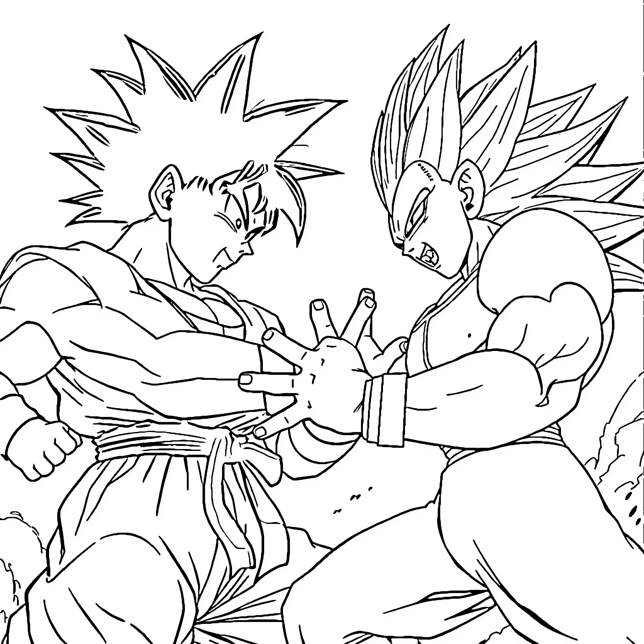 Goku and Vegeta in intense battle Coloring Page (free black-and-white line drawing printable PDF for all, from beginners to advanced learners, including children, teens, adults, and seniors)