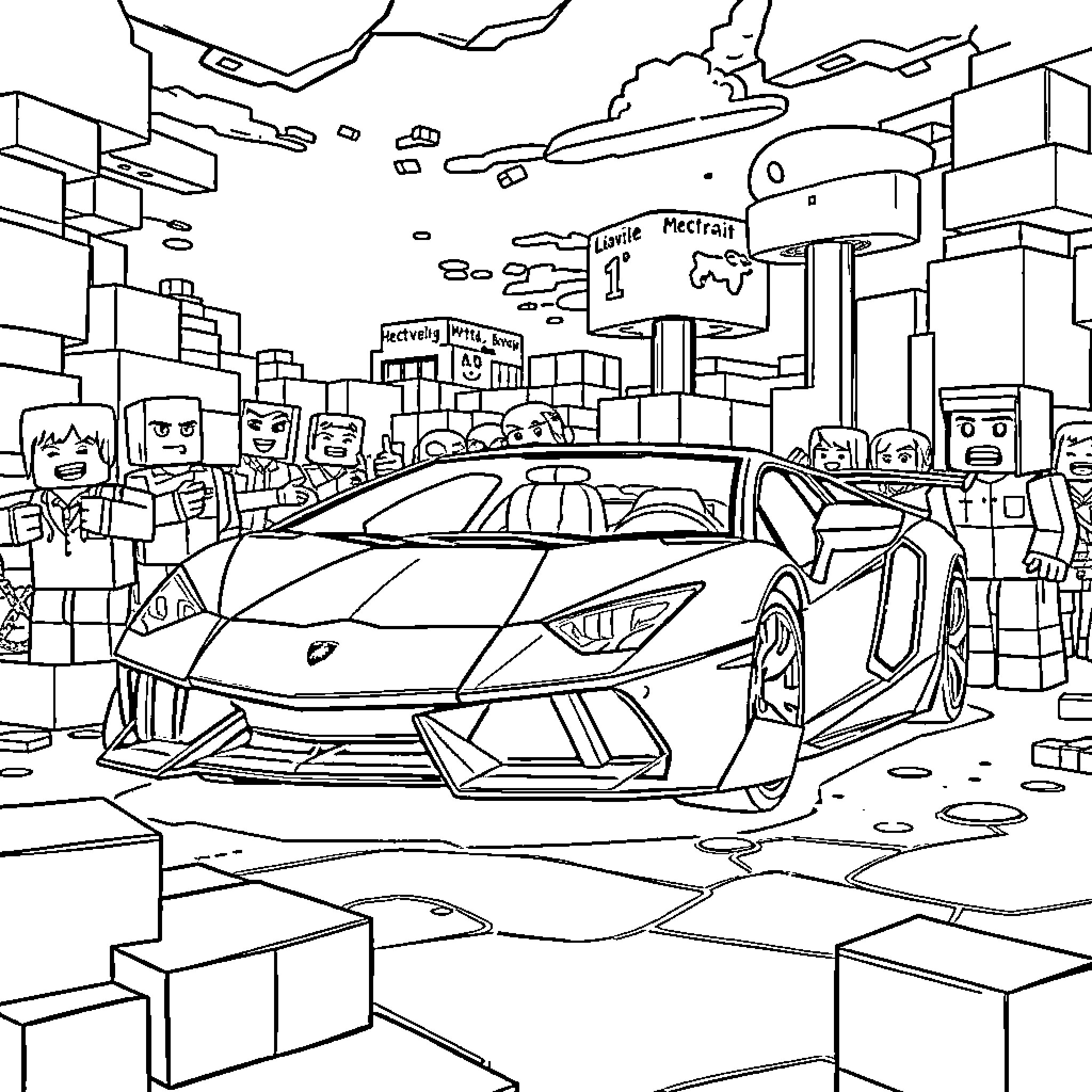 Roblox players exploring an urban Roblox scene Coloring Page (free black-and-white line drawing printable PDF for all, from beginners to advanced learners, including children, teens, adults, and seniors)