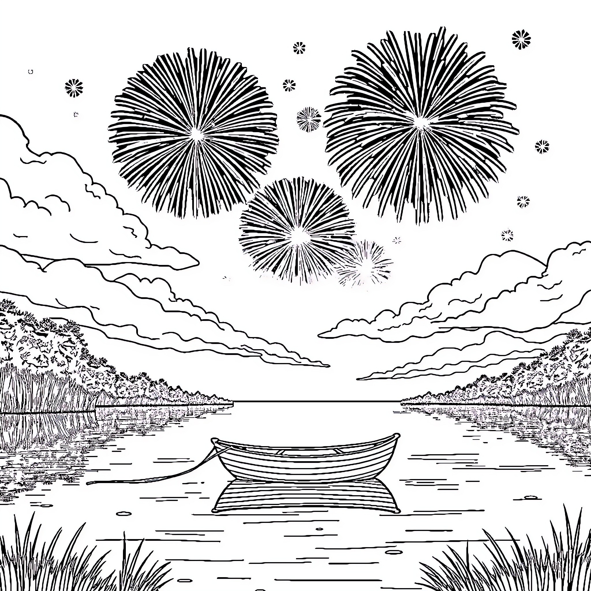 Boat floating on serene lake with fireworks display Coloring Page (free black-and-white line drawing printable PDF for all, from beginners to advanced learners, including children, teens, adults, and seniors)