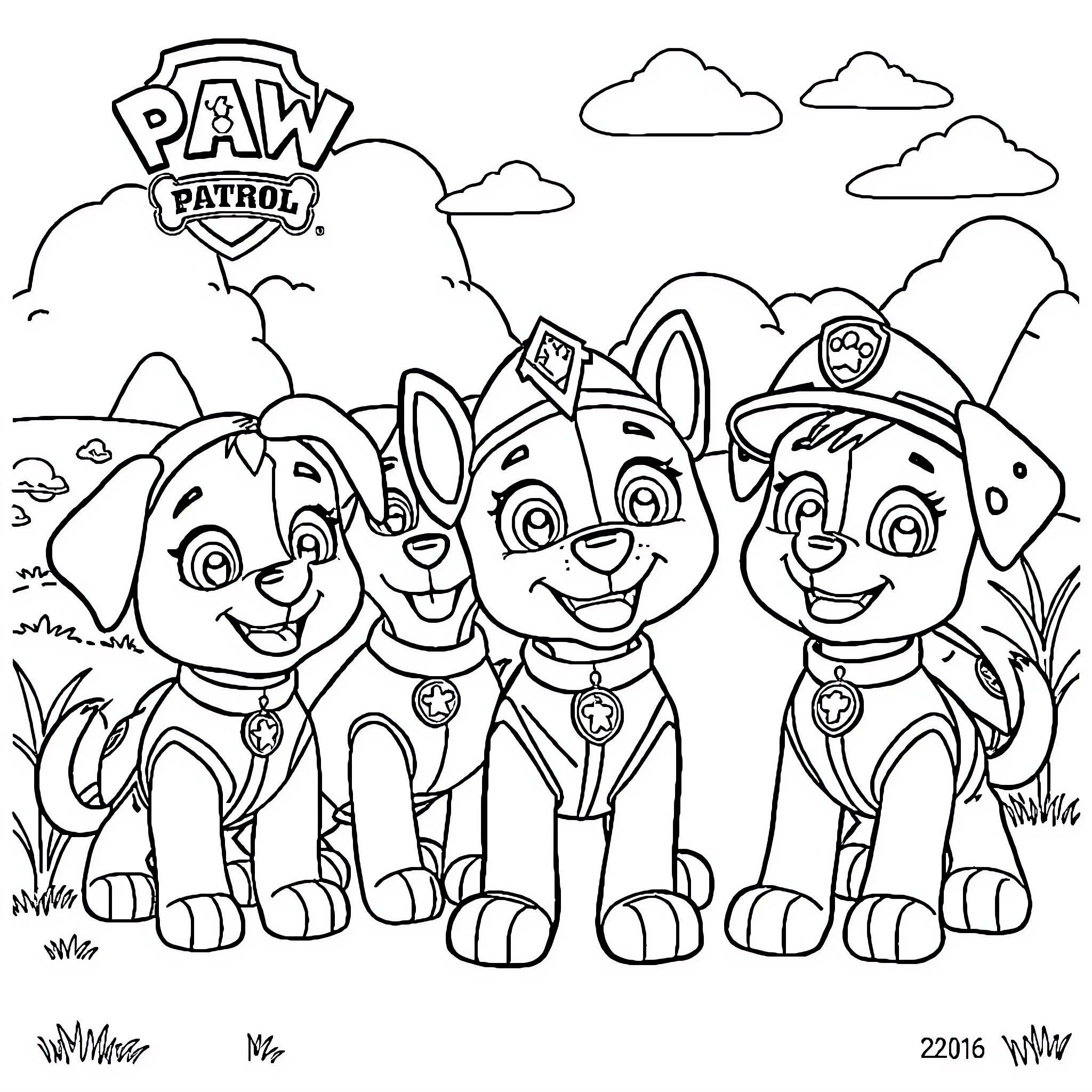 Paw Patrol pups on outdoor adventure Coloring Page (free black-and-white line drawing printable PDF for all, from beginners to advanced learners, including children, teens, adults, and seniors)