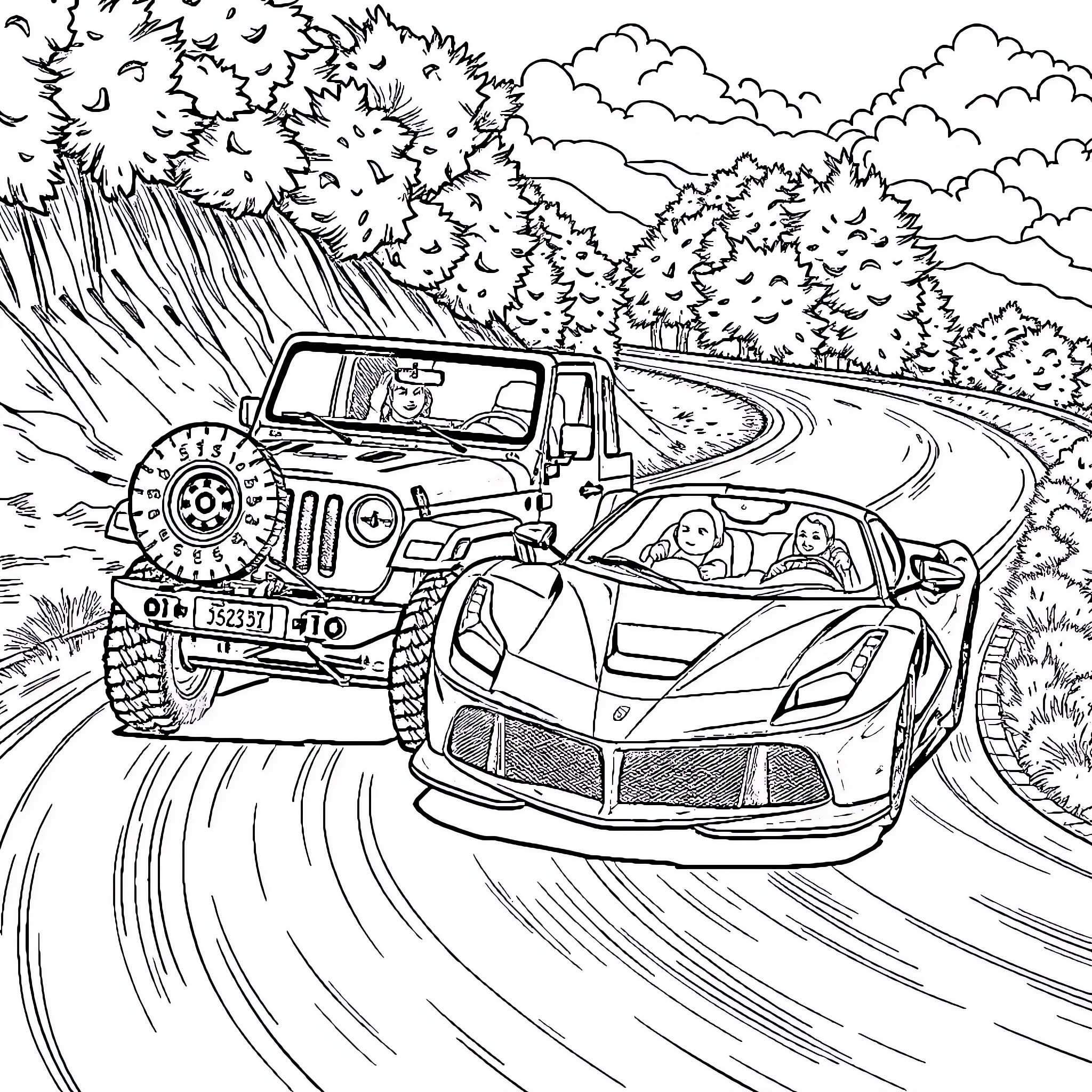 Jeep off-road adventure and sports car racing on winding road Coloring Page (free black-and-white line drawing printable PDF for all, from beginners to advanced learners, including children, teens, adults, and seniors)