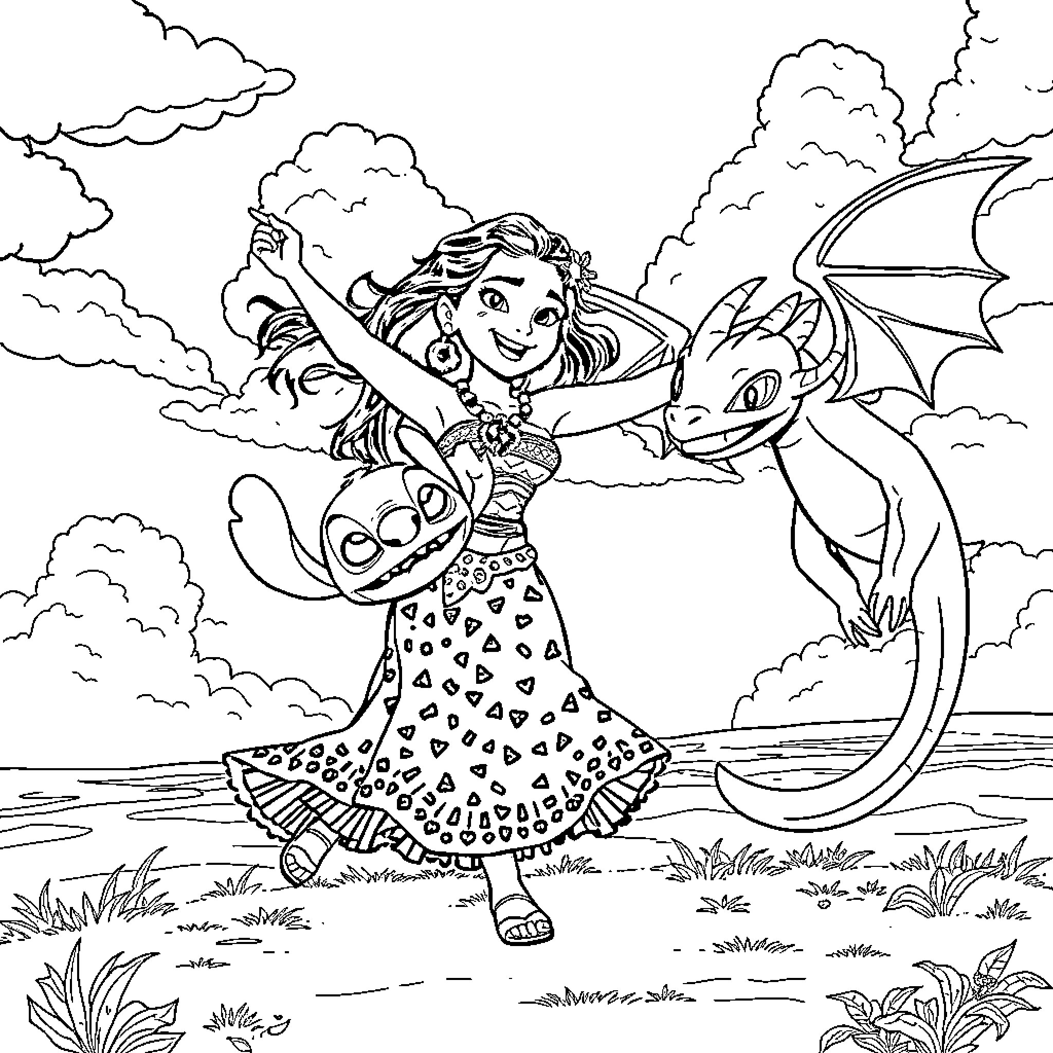 Moana and Toothless on a Magical Adventure Coloring Page (free black-and-white line drawing printable PDF for all, from beginners to advanced learners, including children, teens, adults, and seniors)