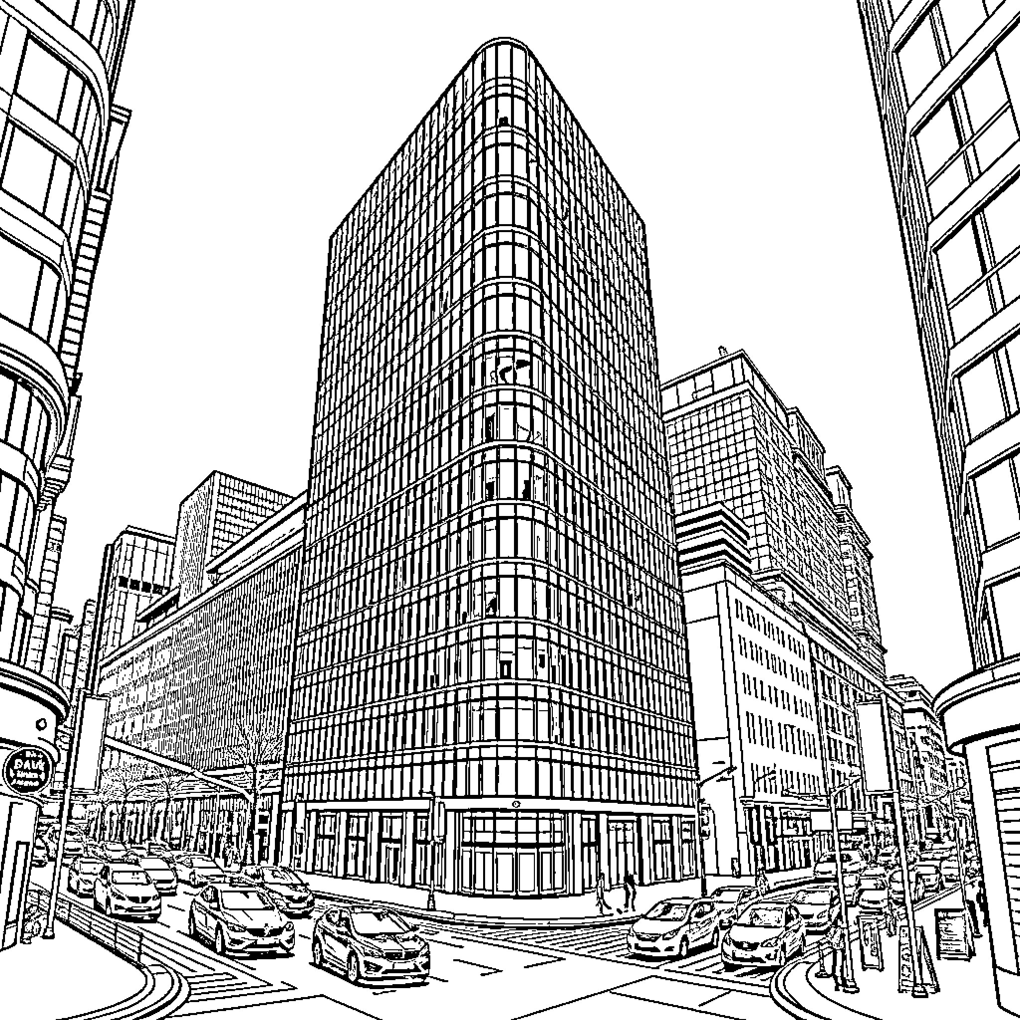 DZ Bank Building in busy urban cityscape Coloring Page (free black-and-white line drawing printable PDF for all, from beginners to advanced learners, including children, teens, adults, and seniors)