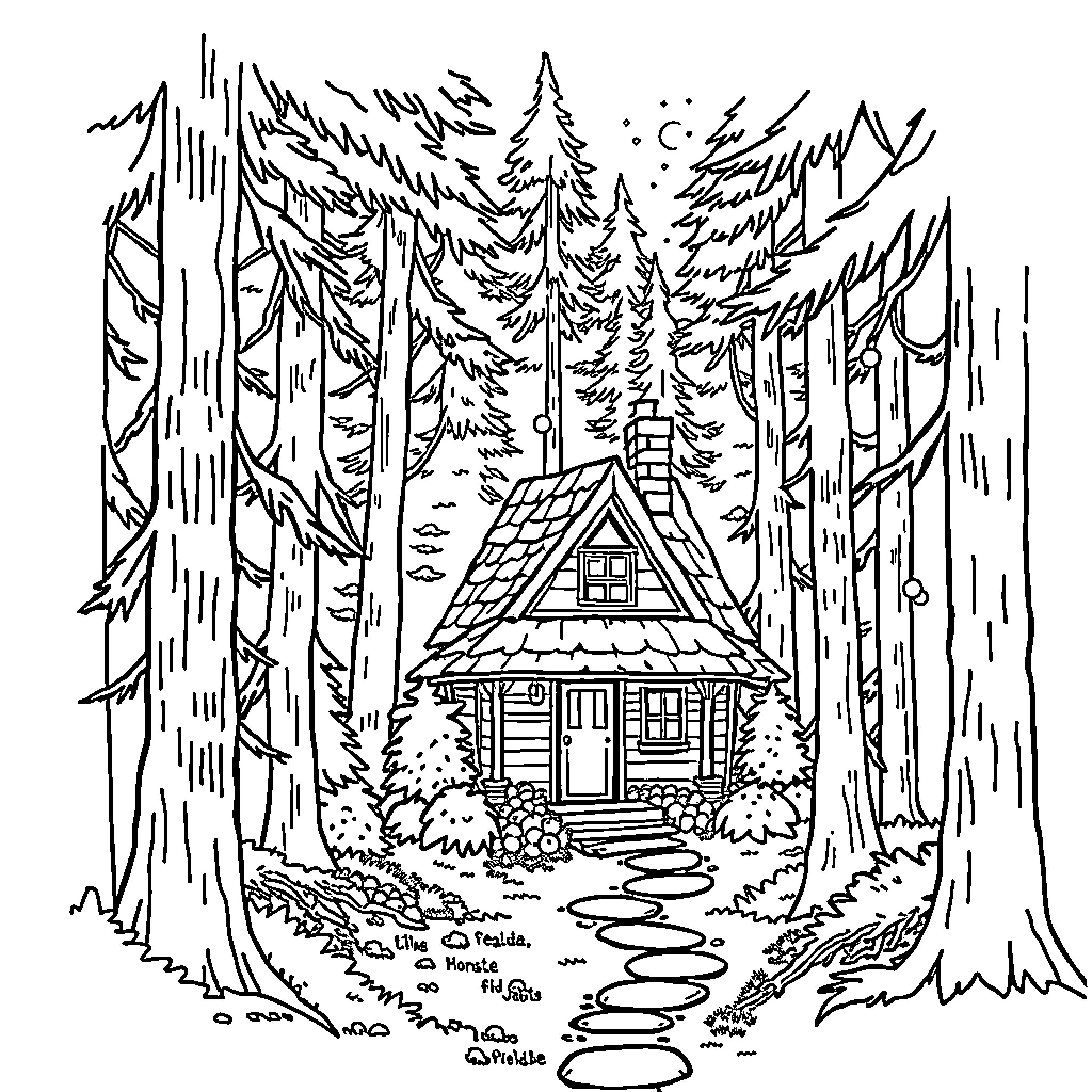 Cottage in the Enchanted Forest Coloring Page (free black-and-white line drawing printable PDF for all, from beginners to advanced learners, including children, teens, adults, and seniors)