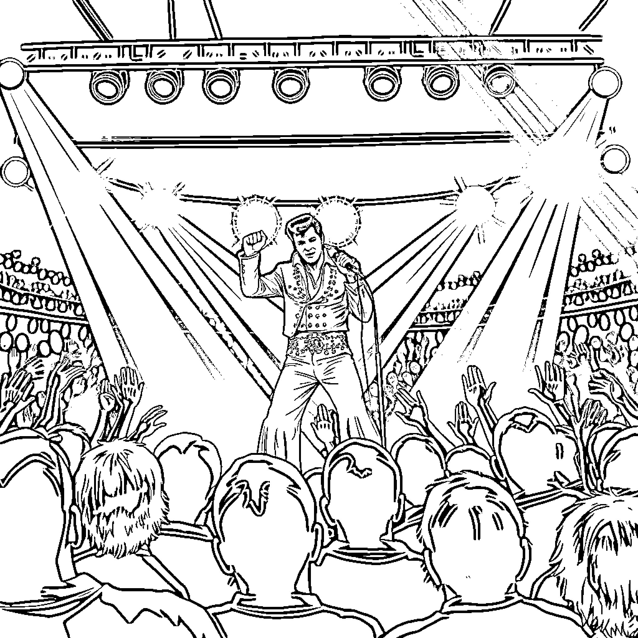 Elvis Electrifying the Crowd with His Performance Coloring Page (free black-and-white line drawing printable PDF for all, from beginners to advanced learners, including children, teens, adults, and seniors)