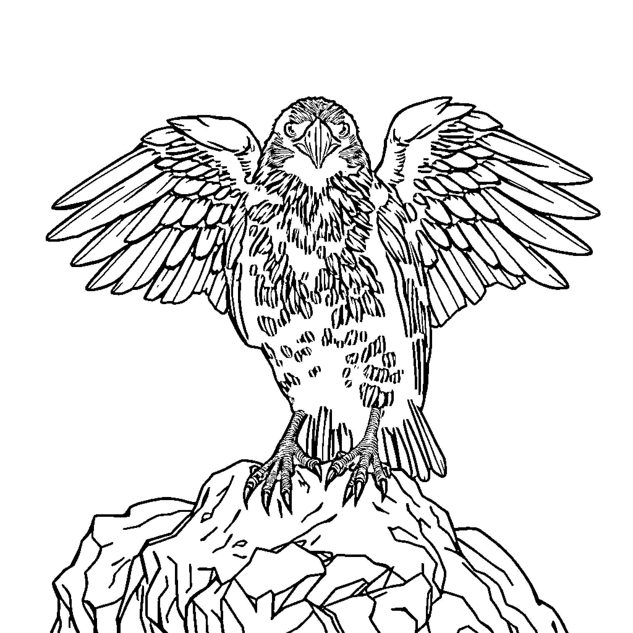 Raven with majestic wings soaring over rocky terrain Coloring Page (free black-and-white line drawing printable PDF for all, from beginners to advanced learners, including children, teens, adults, and seniors)