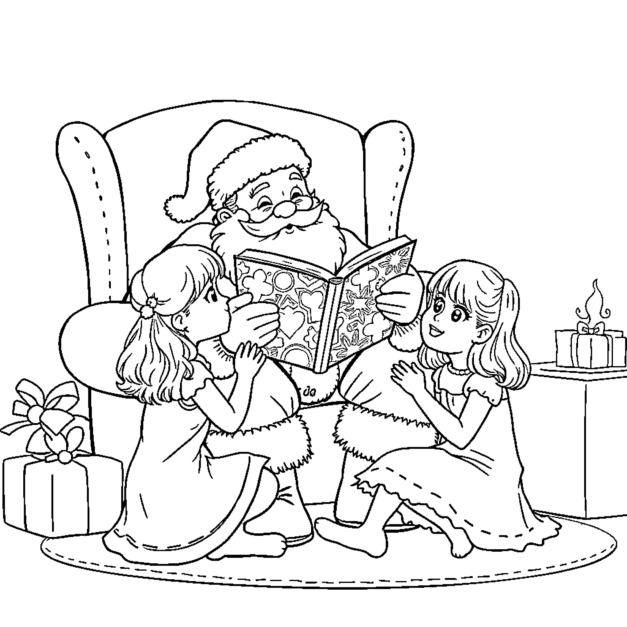 Santa reading Christmas story to children Coloring Page (free black-and-white line drawing printable PDF for all, from beginners to advanced learners, including children, teens, adults, and seniors)